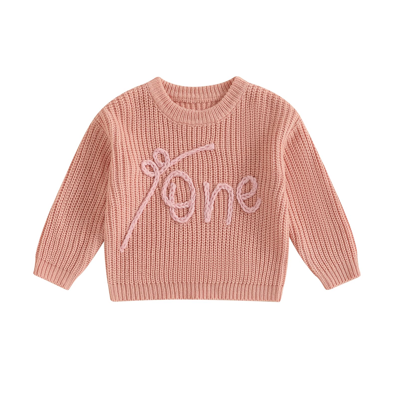 Infant Baby Girls First Birthday Sweater Coquette Bow One Embroidery Round Neck Pullover Knitwear Top (Pink, 12-18 Months)