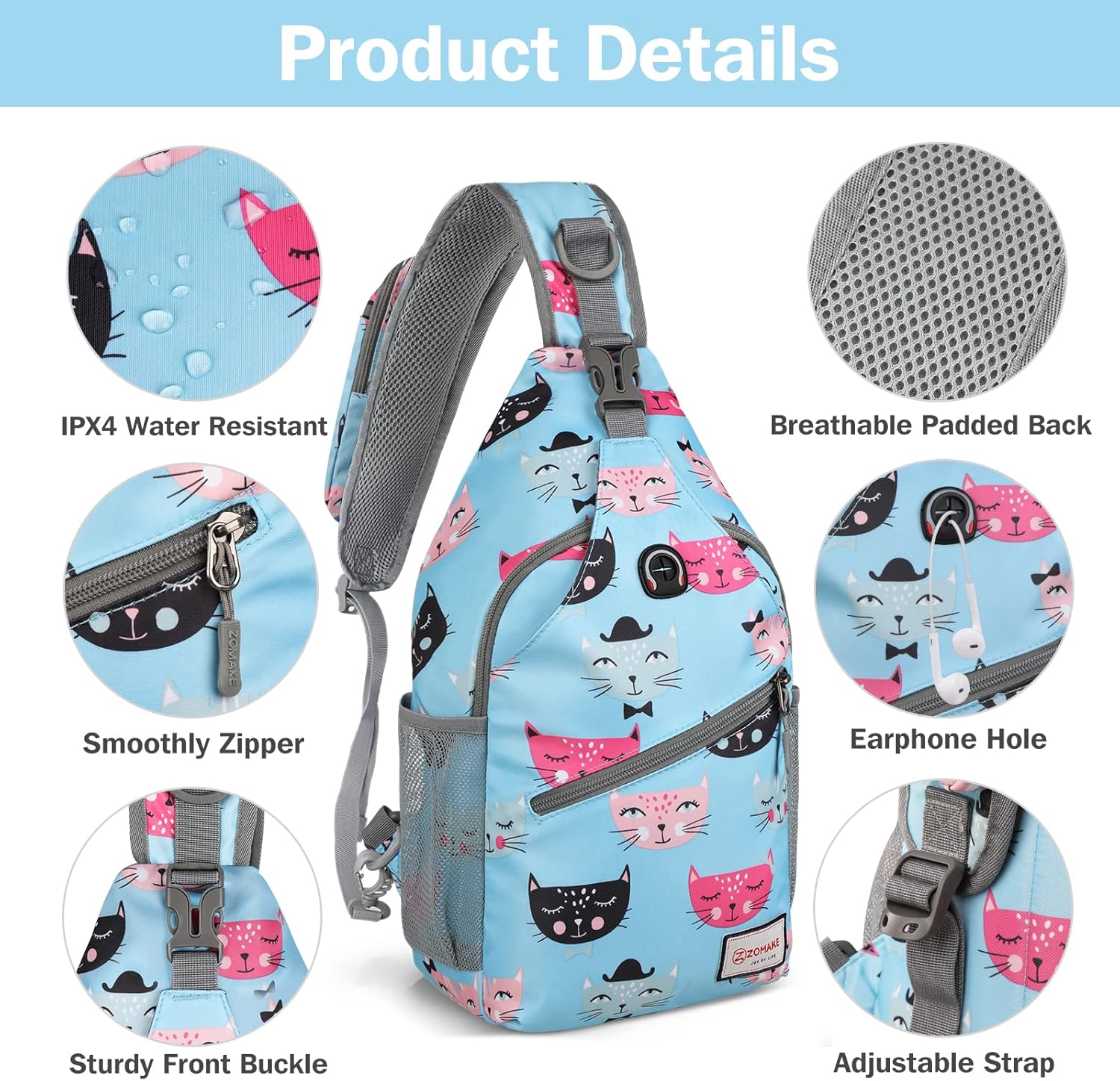 ZOMAKE Sling Bag,Small Crossbody Sling Backpack,Water Resistant Shoulder Daypack for Travel,Anti Thief Chest Bag for Hiking(Cat'S Head Light Blue) - Image 4