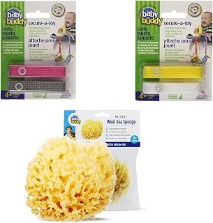 Baby Buddy Care Bundle: 4 Straps of Secure-a-Toy for Stroller, Highchair, and Car Seat, Assorted - Assorted Colors & Pack of 1 Natural Wool Sea Sponge, Newborn Bath Time Essential