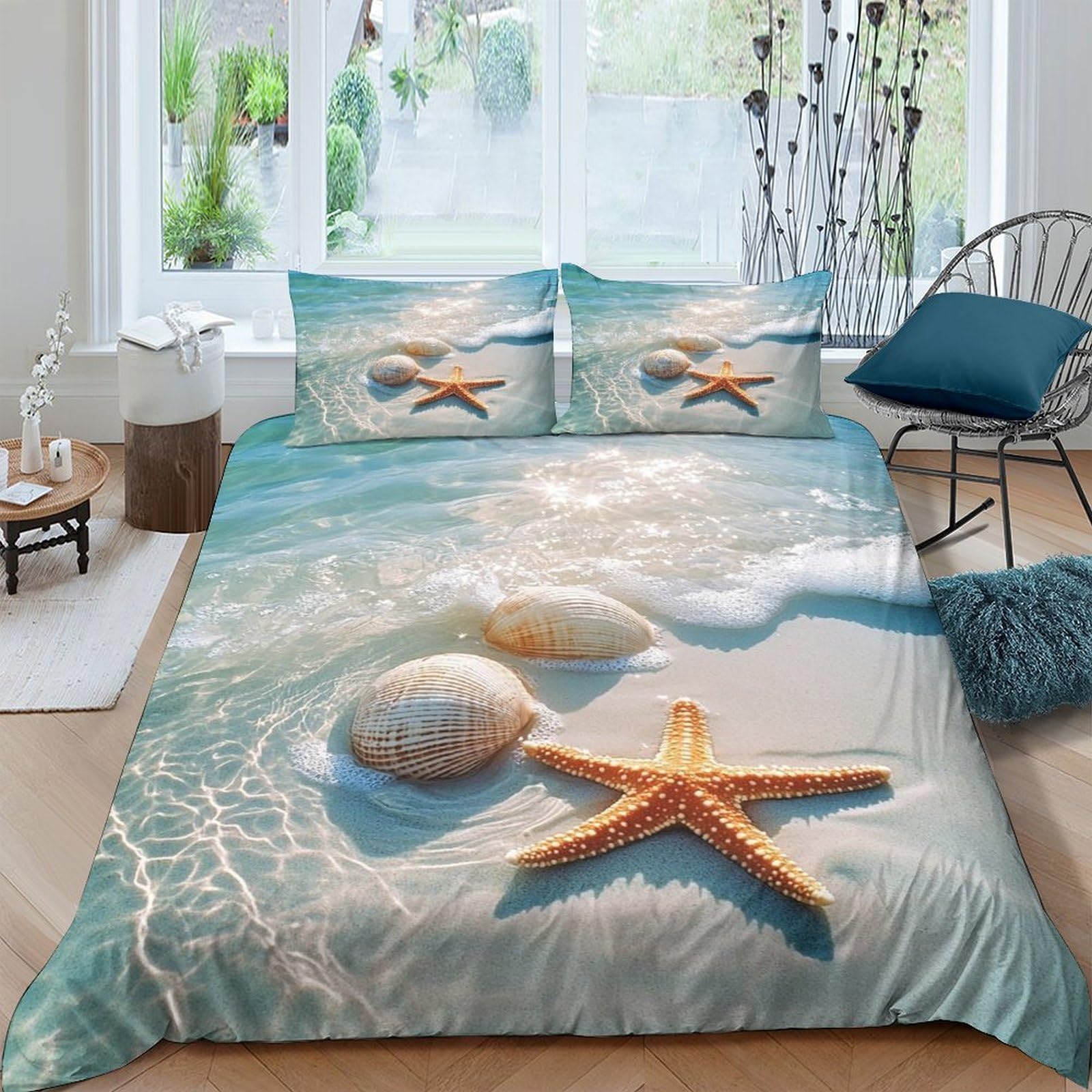 Parure housse de couette coquillages imprimé 3D scène naturelle bord de mer