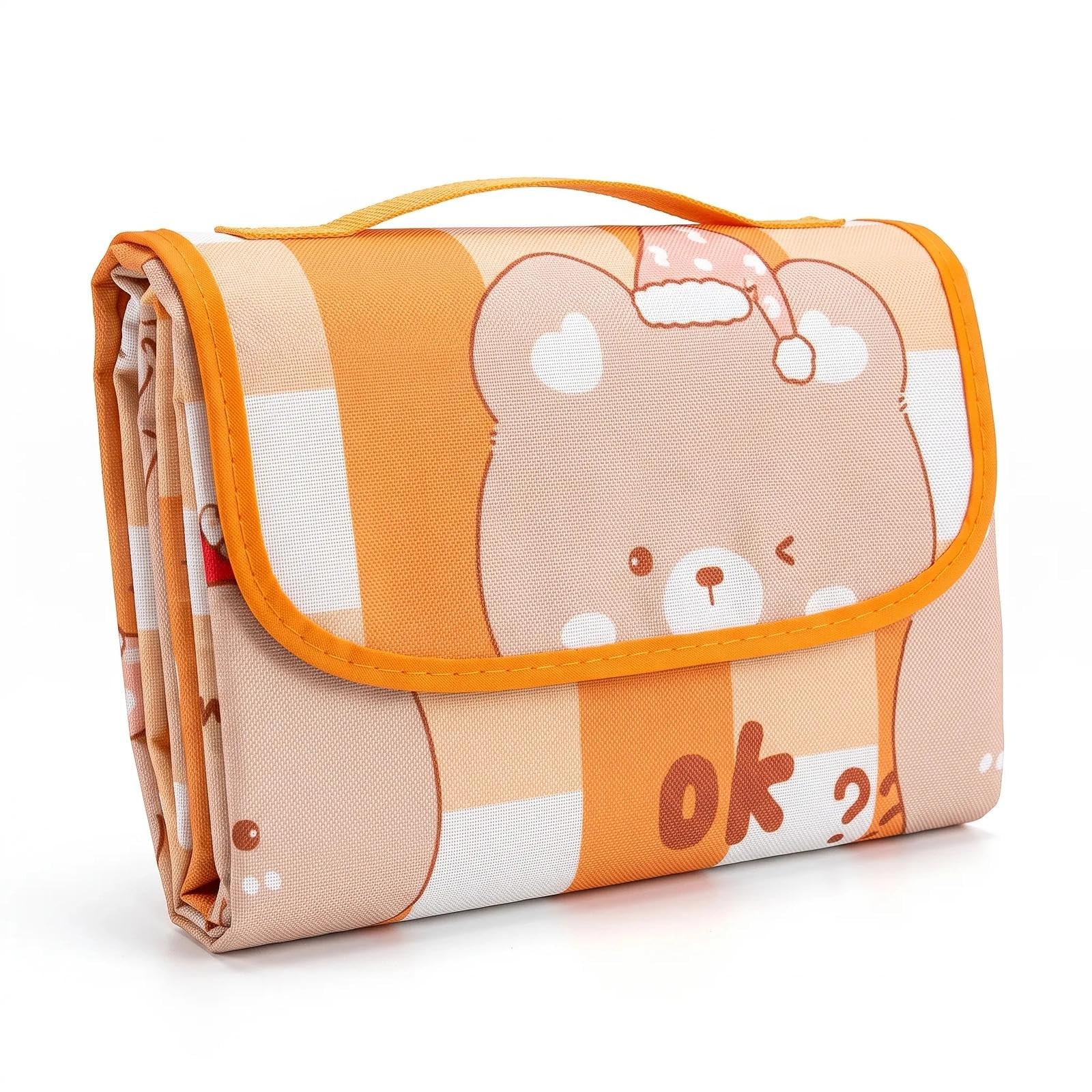 HUANYO Waterproof Picnic Blanket 200x300cm, Extra Large Foldable & Washable Outdoor Mat with Carry Handle, Cute Bear Print Beach Blanket for Camping, Hiking, Park, Travel (Orange)