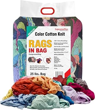Recycled Multicolored T-Shirt Cloth Rags, 25 lb Bag of Rags, Multipurpose Cotton Knit Cleaning Rags Bulk for Dusting, Polishing, Staining, Paint Spill Cleanup, Industrial & Commercial Use