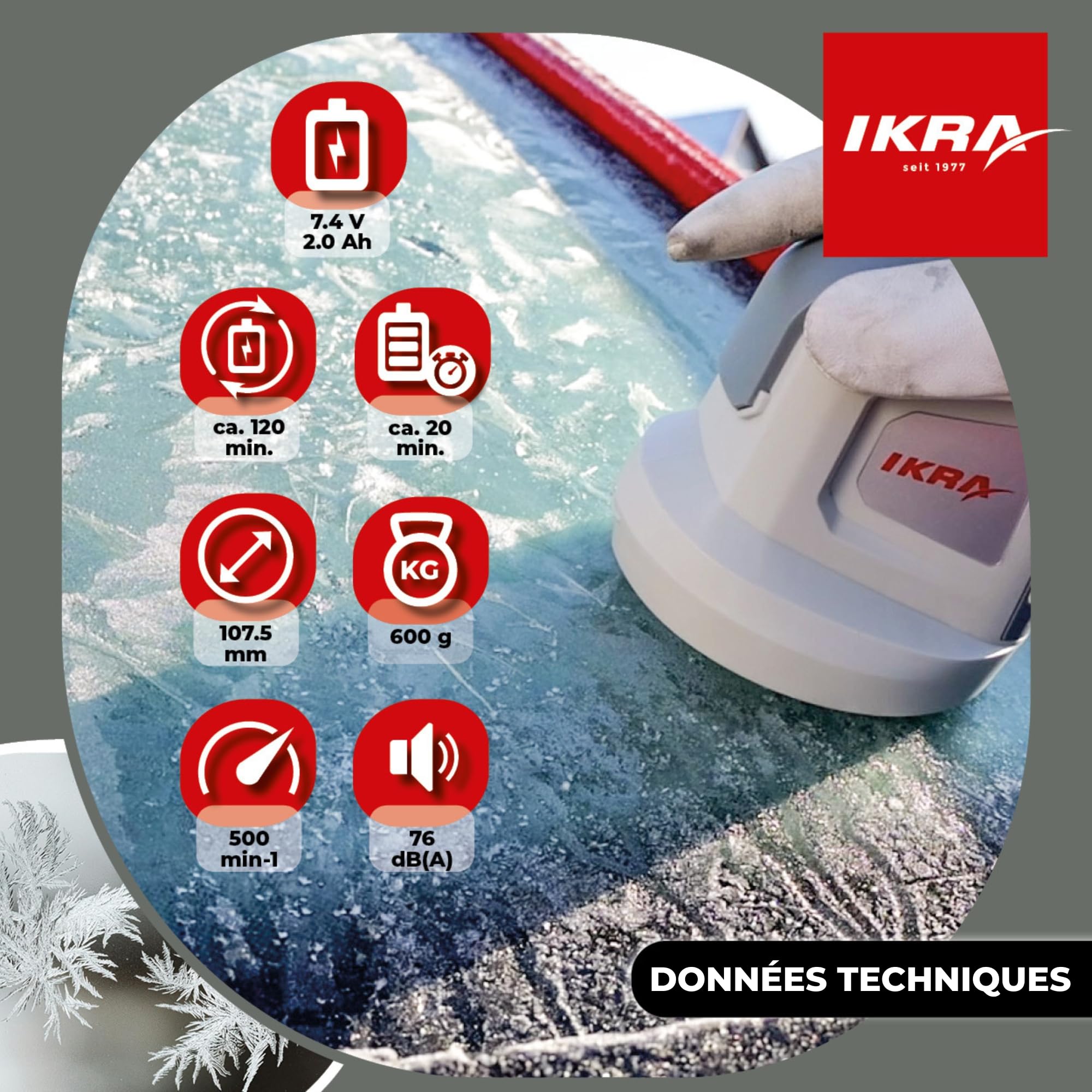 IKRA grattoir à glace pour voiture IAEK 74, batterie & câble de recharge