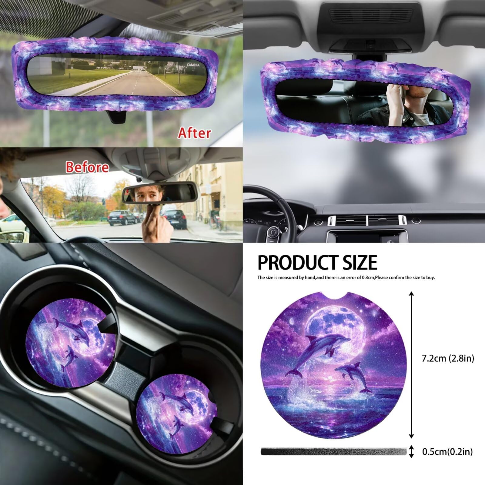 Set di coprisedili per auto con stampa delfino e luna, include coprisedili anteriori e posteriori, coprivolante, bracciolo, cuscinetti per cinture di sicurezza, specchietto retrovisore e