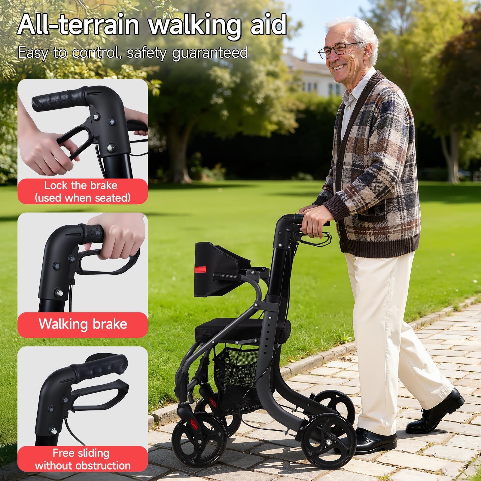 Chodziki dla seniorów z siedziskiem, 20 cm duże gumowe koła, chodzik rollator na każdy teren z siedziskiem, składany chodzik z regulacją wysokości, lekki stop aluminium, pomoc w chodzeniu dla