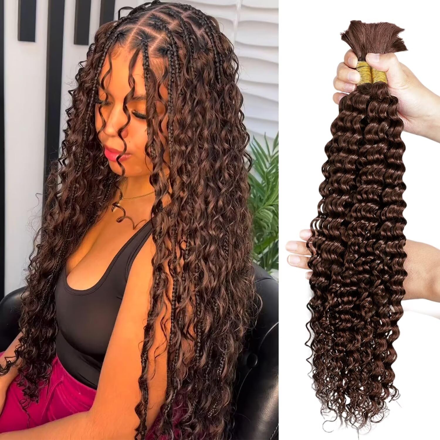 12A #4 Chocolate Brown Human Braiding Hair for Boho Braids 2 Bundles 18 Inch 100g Deep Wave Braiding Hair for Bohemian Knotless Braids 100% Unprocessed Virgin Bulk Hair Extensions No Weft