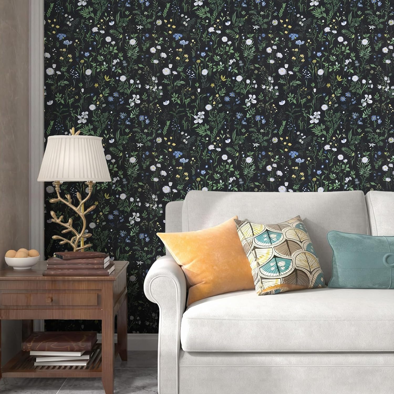 TANONE Dark Floral Wallpaper Peel and Stick Vintage Green Floral Contact Paper 17.5”x118” Black Flower Wallpaper Boho Leaf Removable Self Adhesive Wall Paper for Cabinets Bedroom Decorative