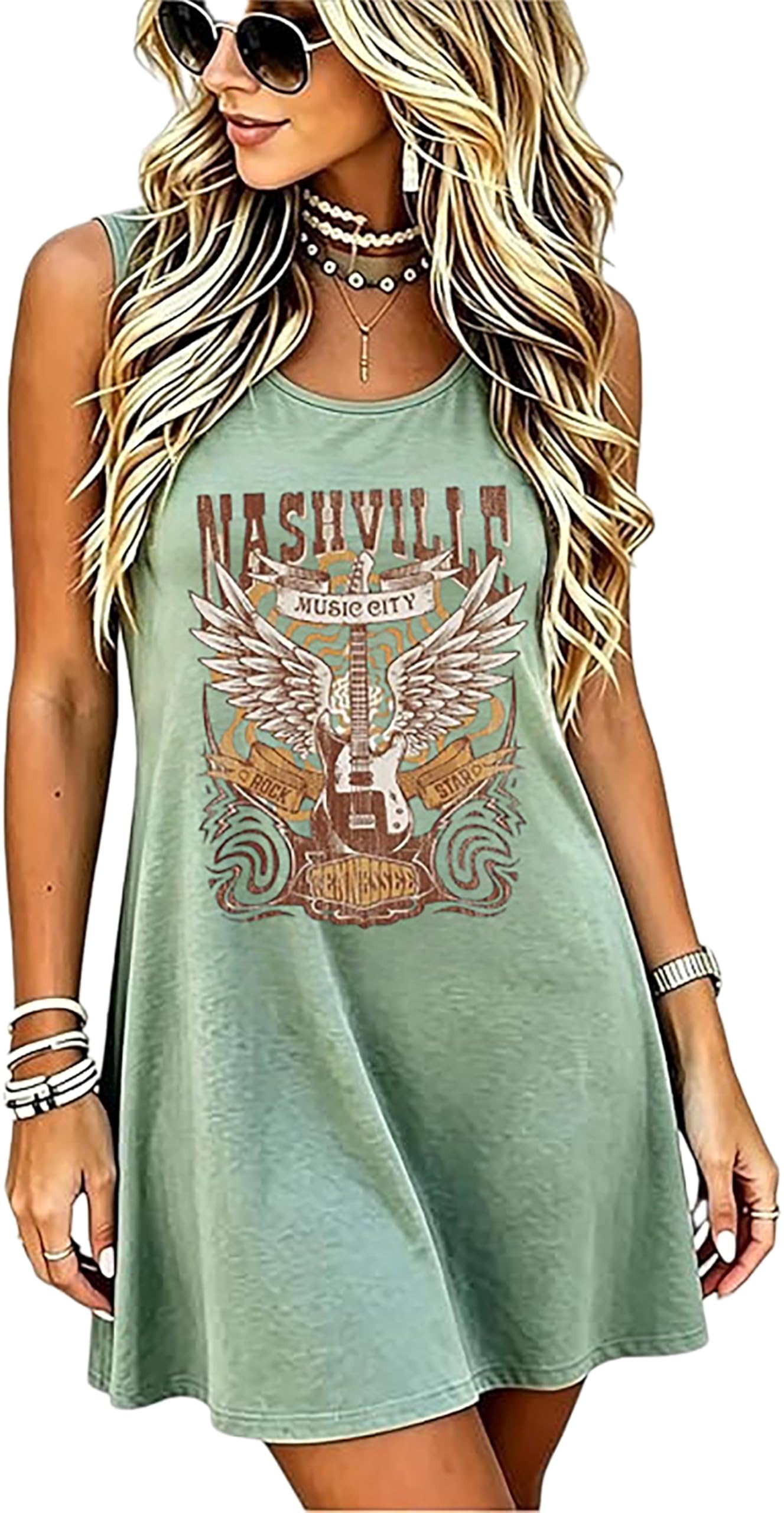 Nashville Sundresses Women Summer Rock Band Sun Dresses Vintage Country Concert Tank Dress Country Music Shirt Dress(X-Large,Green-1)