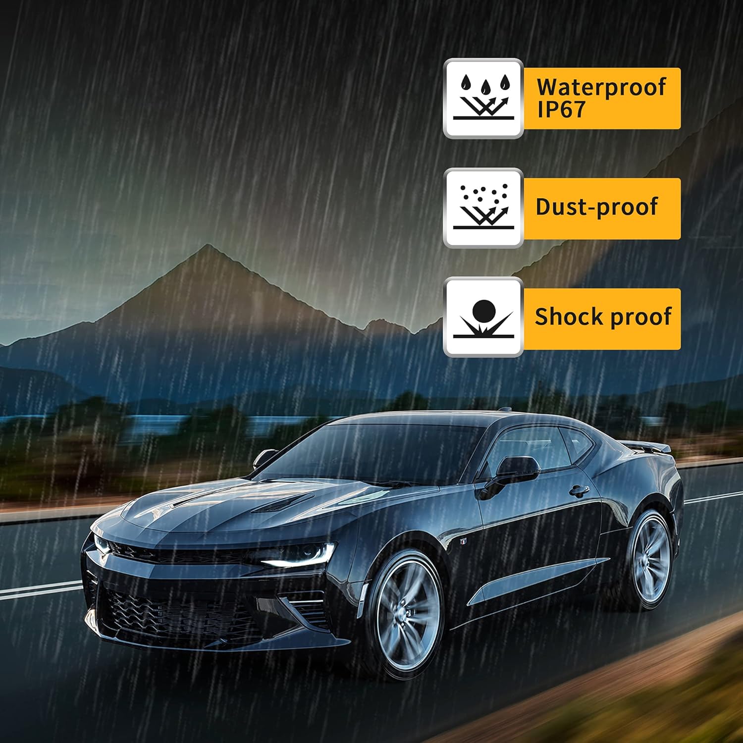 A black Chevrolet Camaro driving in the rain, with icons indicating IP67 Waterproof, Dust-proof, and Shock-proof features.