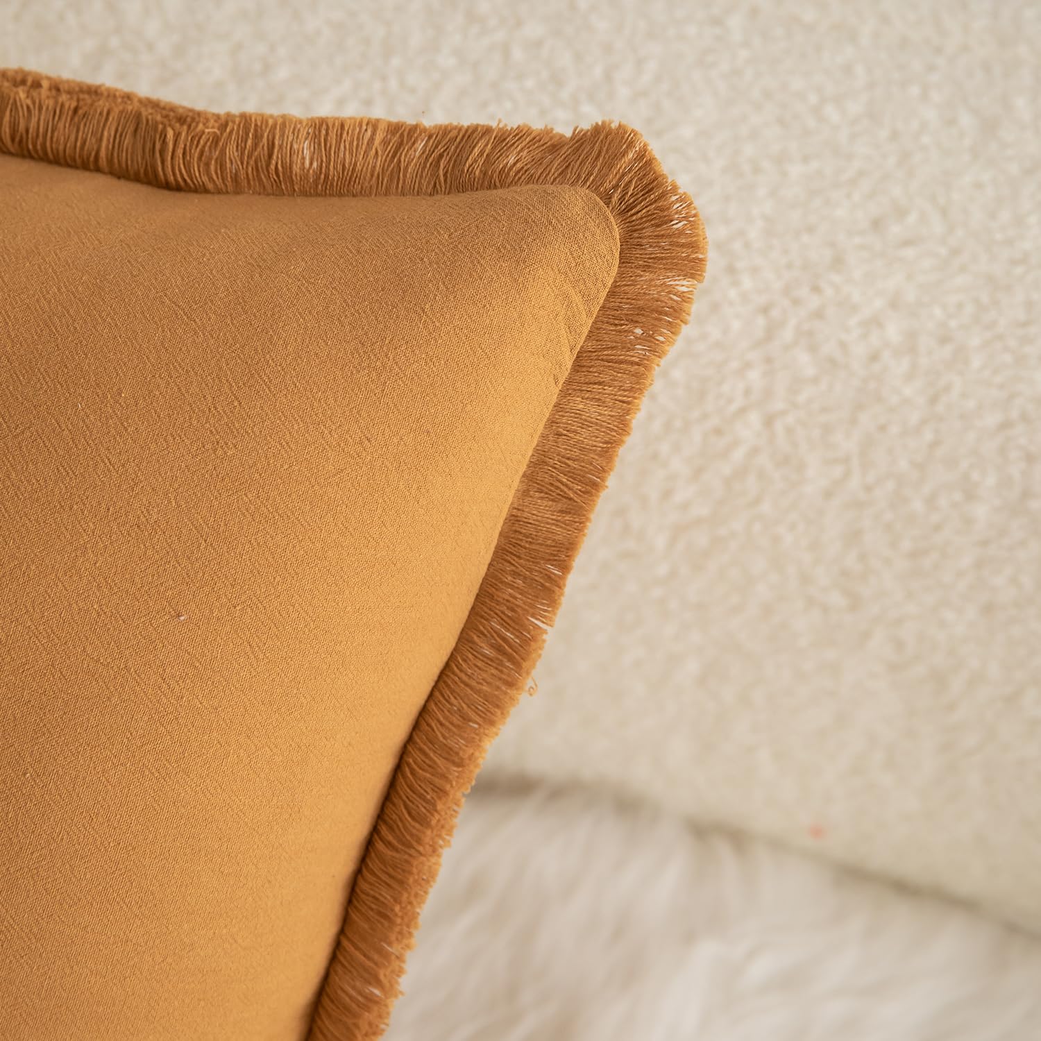 Mandioo Set of 2 Neutral Cotton Fringe Cushion Covers 65x65 cm 26x26 inch Decorative Boho Farmhouse Throw Pillowcase Cozy Tassels for Couch Sofa Bedroom Living Room Home Decor Orange Brown - Image 2