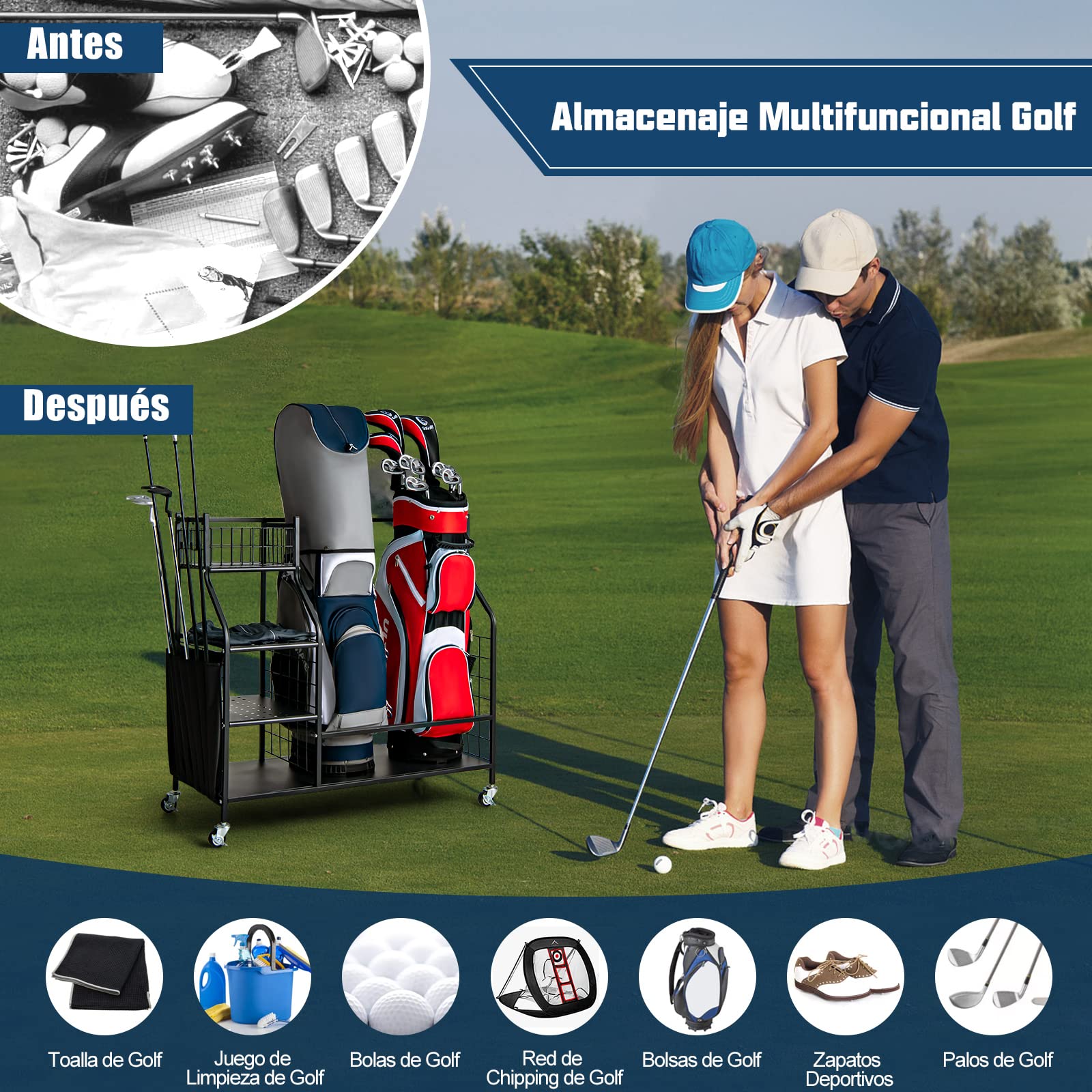 COSTWAY Estante de Almacenamiento para Bolsa de Golf con Ruedas Bloqueables