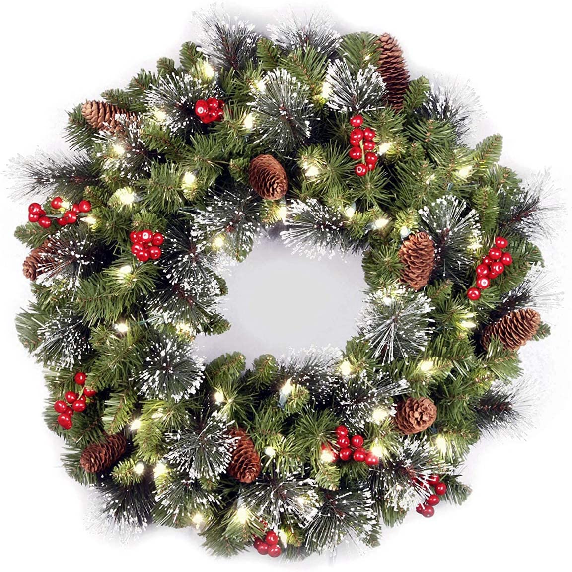 Pre Lit Artificial Christmas Wreath for Front Door, Xmas Wreath with Pine Cones, Berry Clusters, Frosted Branches, Christmas Decor Indoor Outdoor Home Decorations (40cm/16inch)