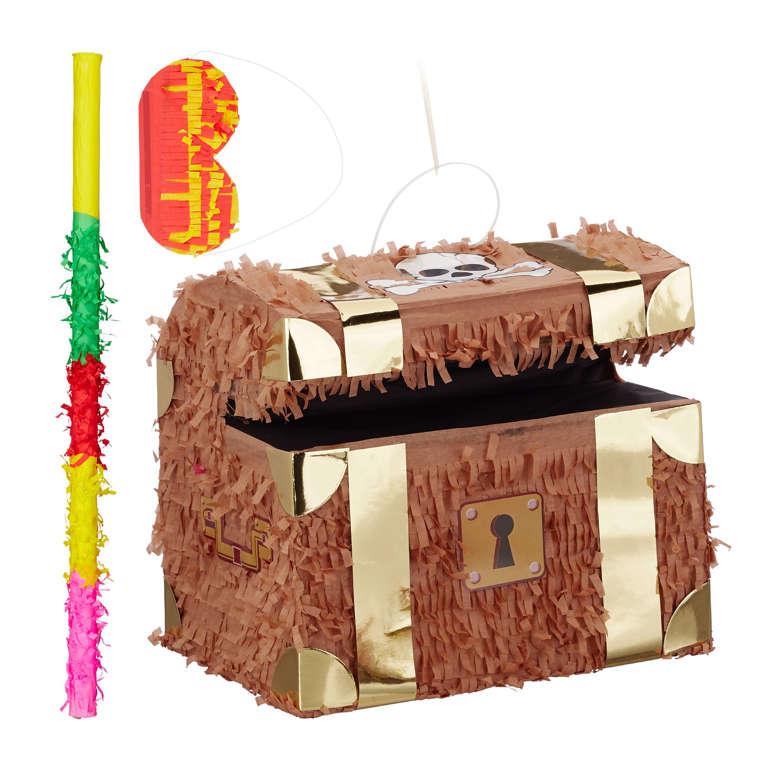 Relaxdays 3-częściowy zestaw Pinata Skrzynka na skarby, z prętem Pinata i maską na oczy, dla dzieci, na urodziny, do samodzielnego napełniania, piñata, kolorowa