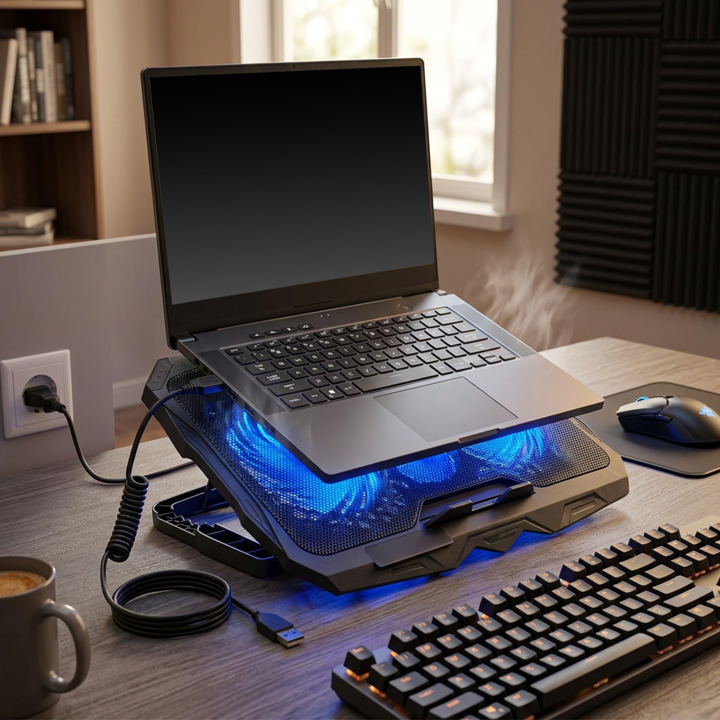 Retoo Raffreddatore per laptop con 2 porte USB 2.0 e 1,75 W, 4 ventole di raffreddamento per computer portatile con retroilluminazione a colori blu, per PC Notebook PS4, potenziometro integrato e