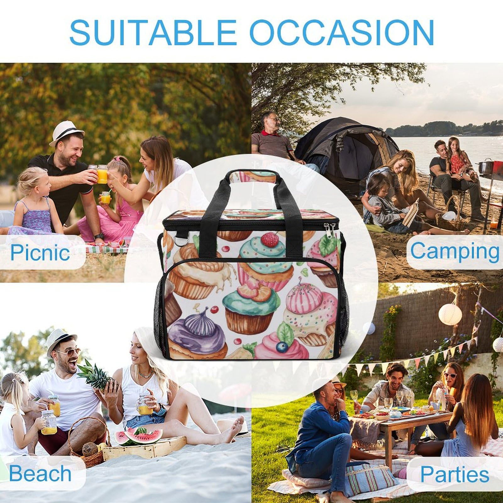 Borsa termica da campeggio, cupcake, ciambelle, muffin, stampa di zucchero, borsa da picnic da viaggio, grande capacità, borsa termica portatile, borsa frigo multiuso, stile