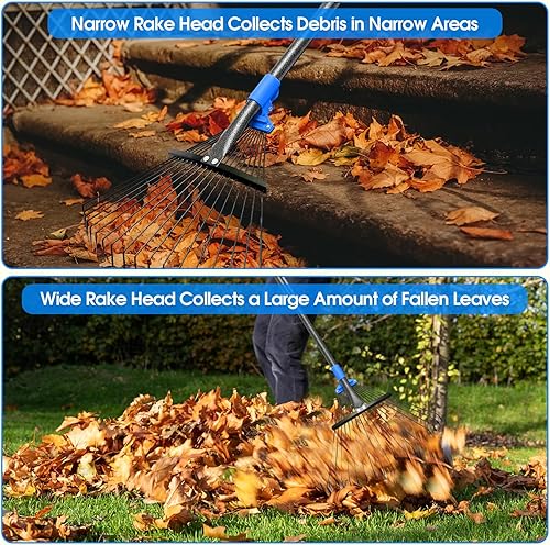 Miniatura 6 de BsBsBest Rastrillo de 75 pulgadas para hojas con cabeza expandible, rastrillos de 10 a 18 pulgadas, rastrillo de metal para césped, rastrillo de
