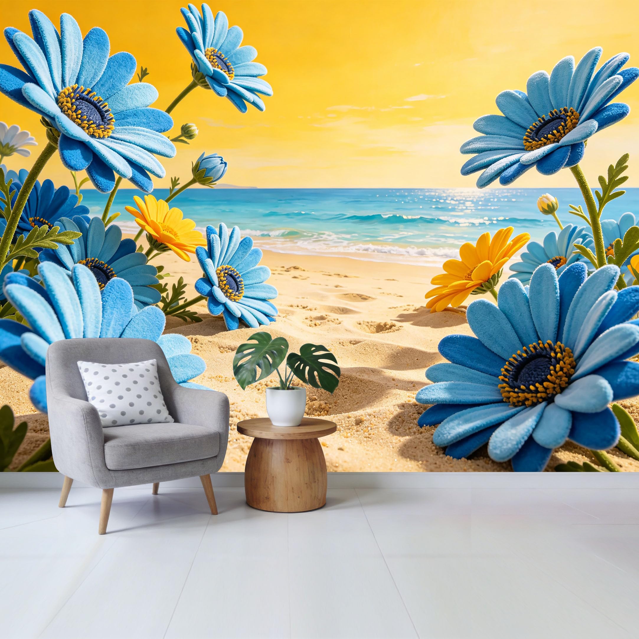 Qzlithotic Yq2605250518 Custom Size Wall Mural Tropical Coastal Blue Daisy Flower Beach Sunset Landscape Selfadhesive Wall Fabric Removable Wallpaper For Home Office Decor