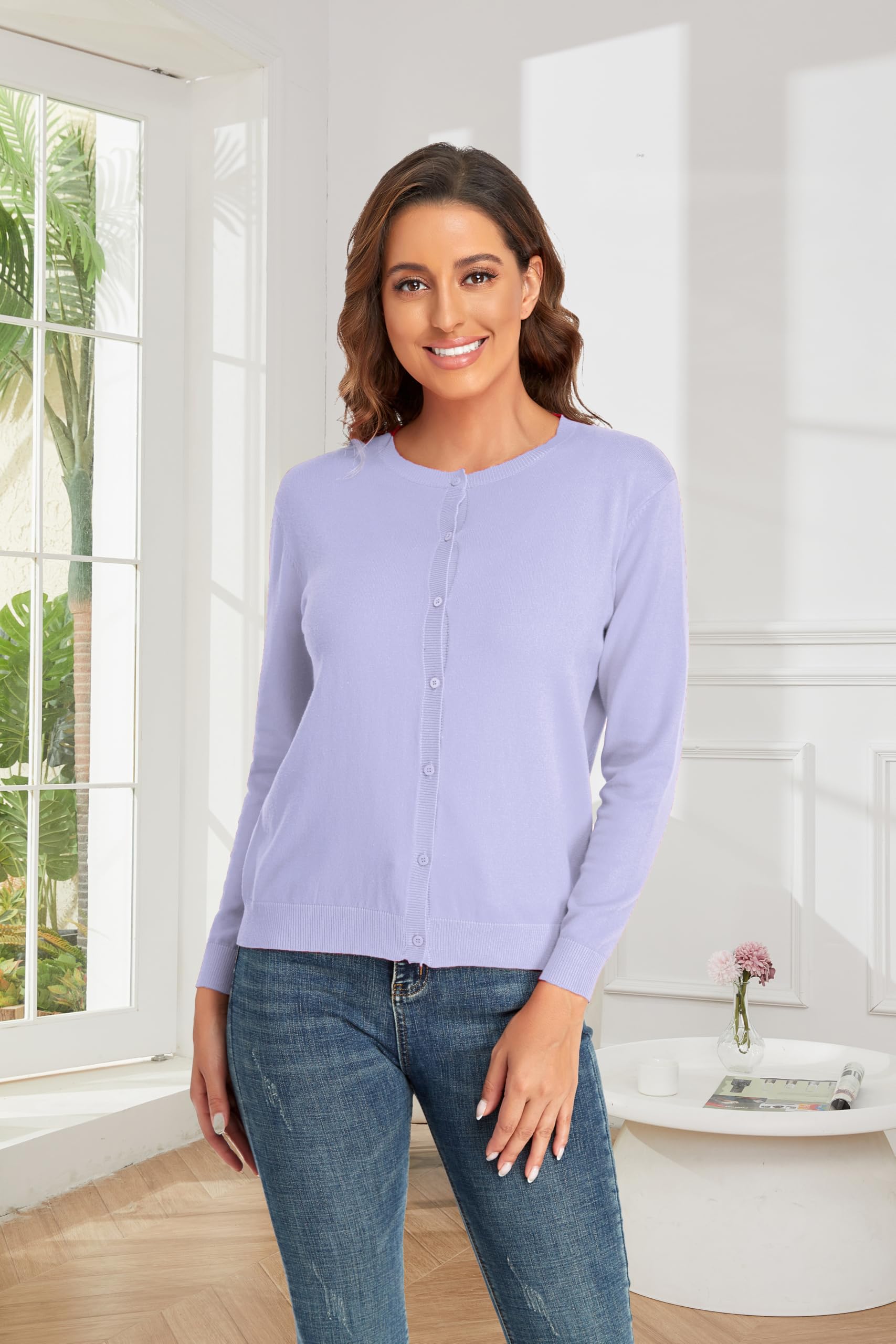 CUNYI Cardigan de Punto para Mujer Rebeca Cuello Redondo Clásico Manga Larga Chaqueta de Mujer con Botones Abrigo Elegante, Violeta M
