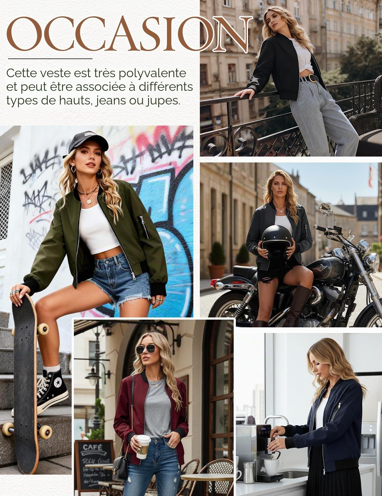 CMTOP Veste Bomber Femme Blouson Court Léger Manteau Décontracté mi Saison Pilote Manches Longues Zippé Sweatjacke Chic Printemps Automne avec Poches