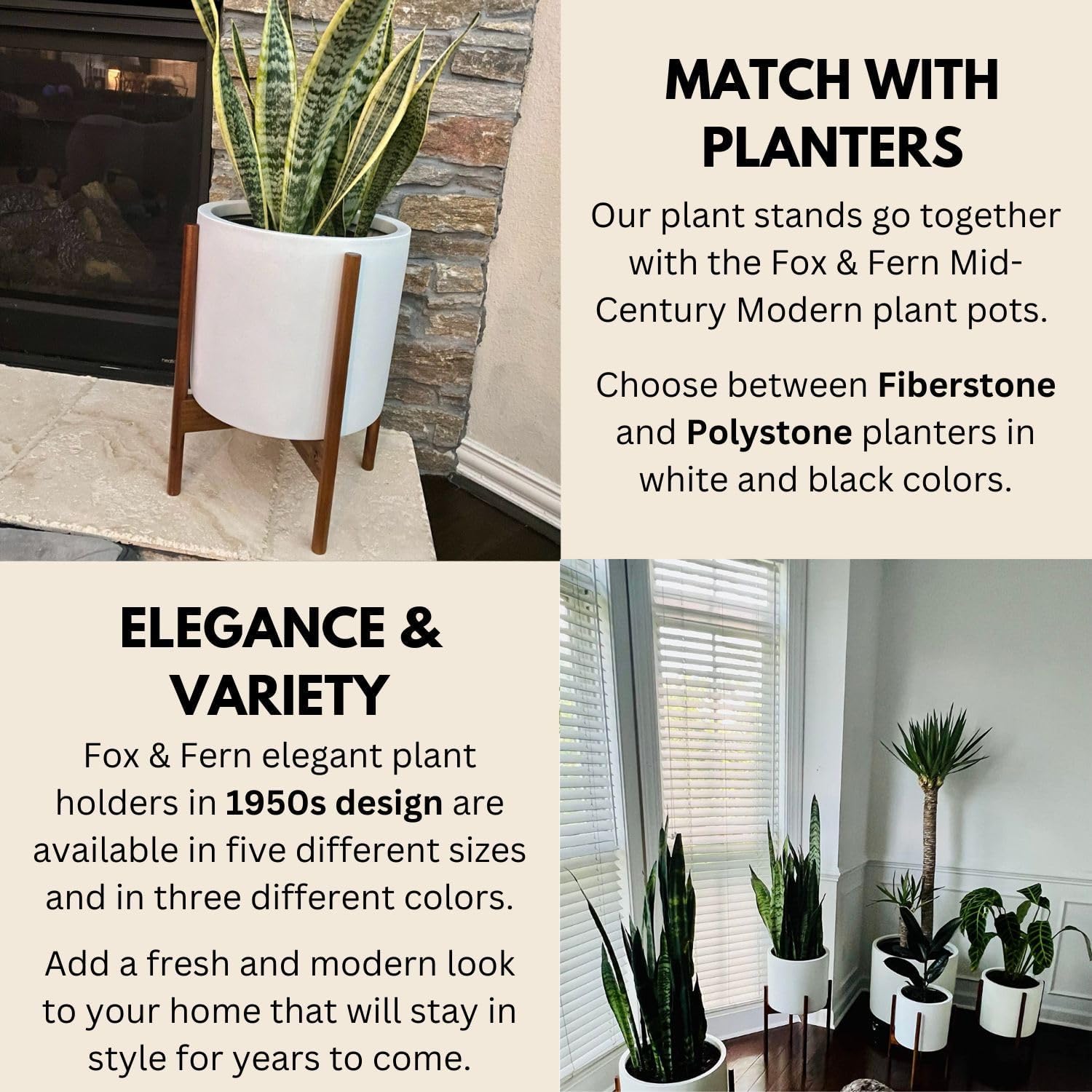 Fox & Fern Mid Century Plant Stand — 11.8 Inch Fixed Size Wooden Plant Stand for Indoor Planters (Not Included) - Large Flower Pot Holder for Indoor Big Pots - Plug In Design - Two Heights - Acacia