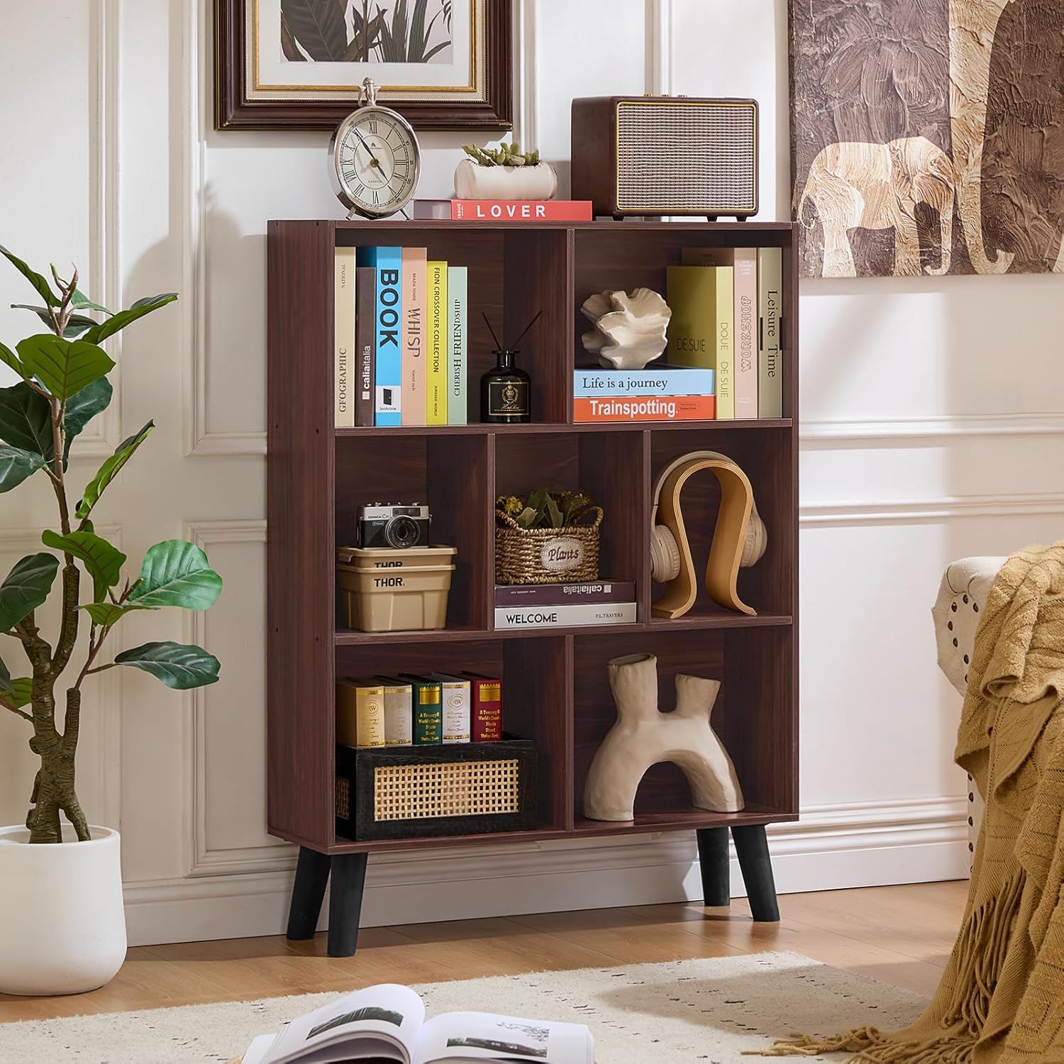 LEYAOYAO 7 Cube Bookshelf 3-Tier Bookcase with Legs, Mint-Walnut Kids Book Shelf Cute Storage Organizer, Toy Shelves Bookshelves,Wood Display Bookcases