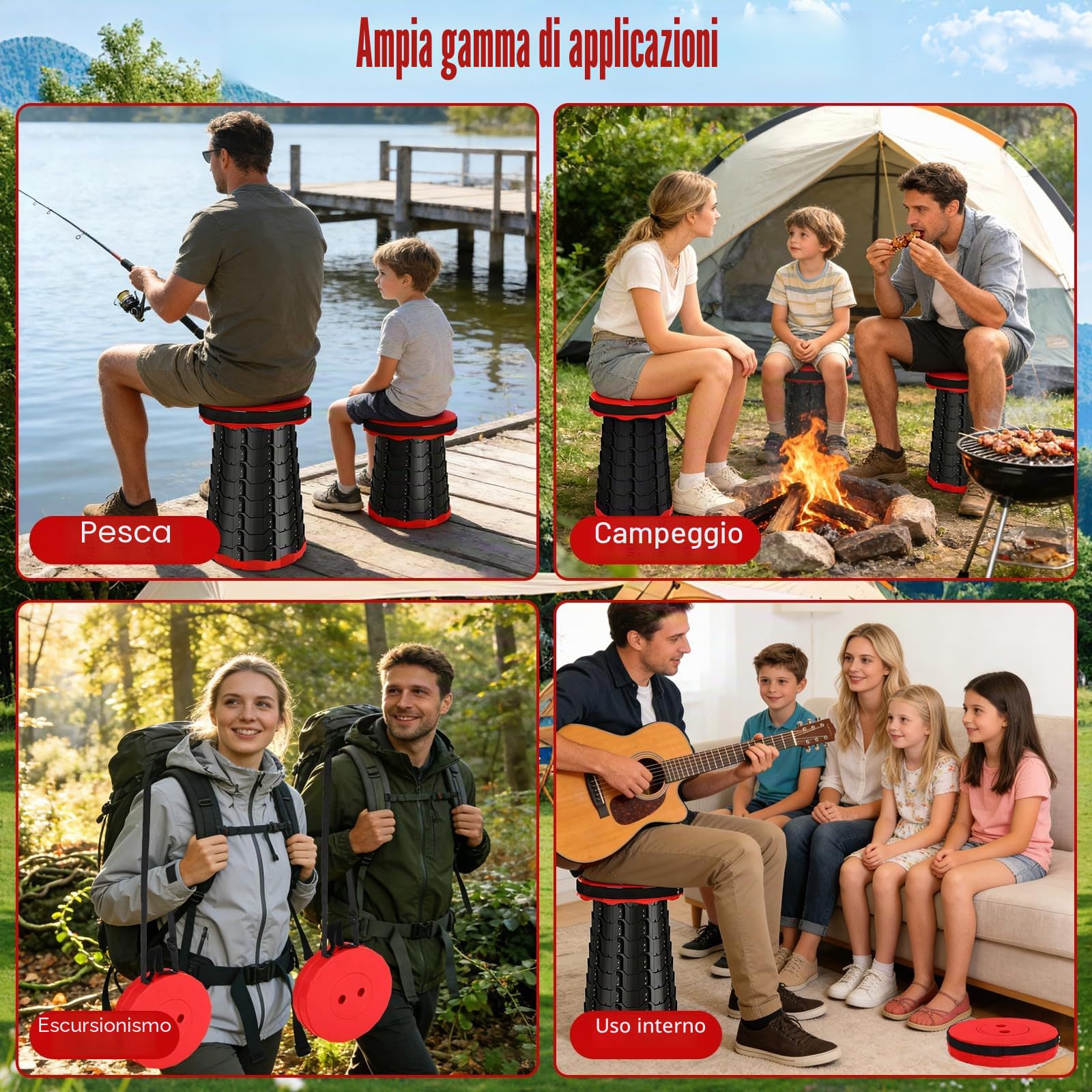 Sgabello Pieghevole Portatile, Sgabello Telescopico, Sgabello da Campeggio Leggero, Altezza Regolabile, Ideale per Campeggio, Giardino, Escursionismo, Pesca, Capacità di Carico 180 kg (Rosso, 1)