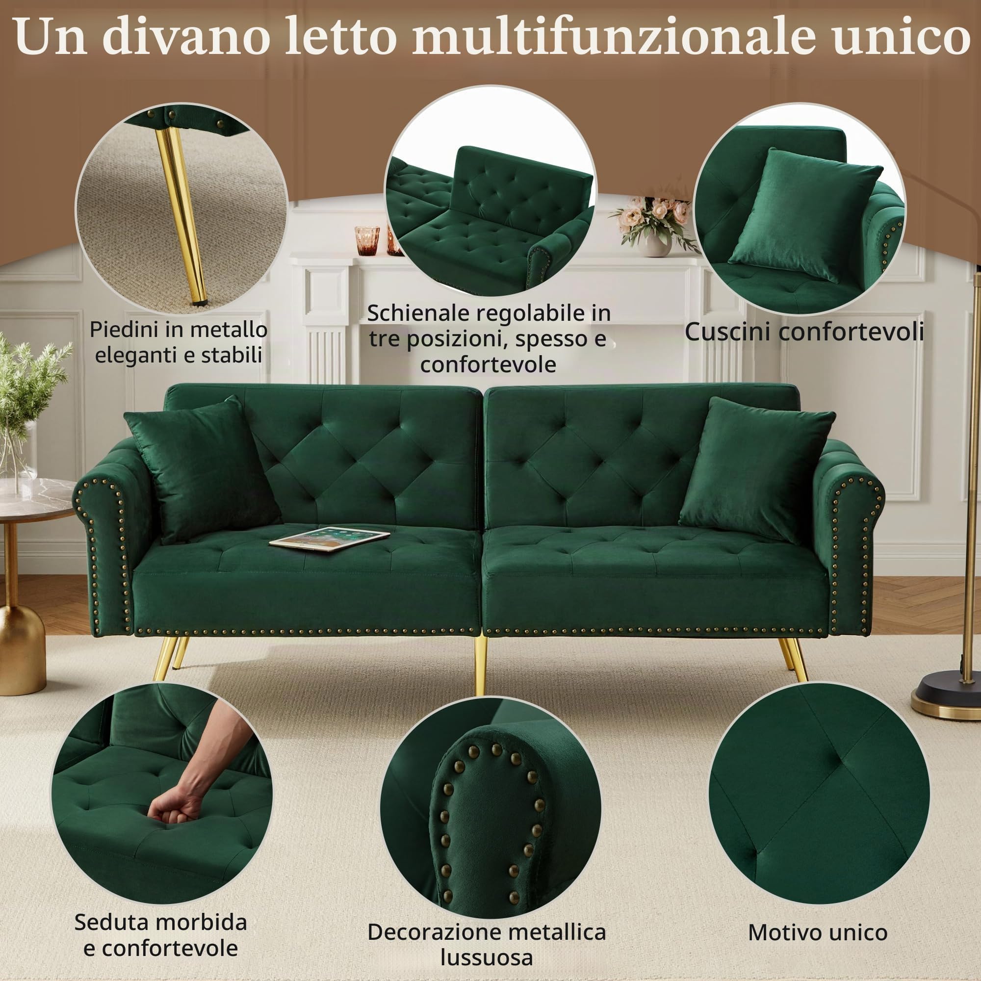 Divano letto moderno a 2 posti, fodera in velluto, schienale regolabile a 3 livelli e gambe in metallo dorato con funzione di riposo, salvaspazio, 173 x 75 x 70 cm (verde)