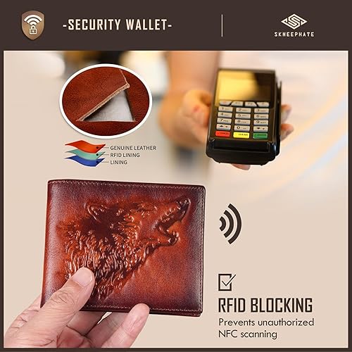 Miniatura 6 de Billeteras de cuero para hombre, billetera plegable para hombre, lobo, bloqueo Rfid, regalo para él, marido (marrón)