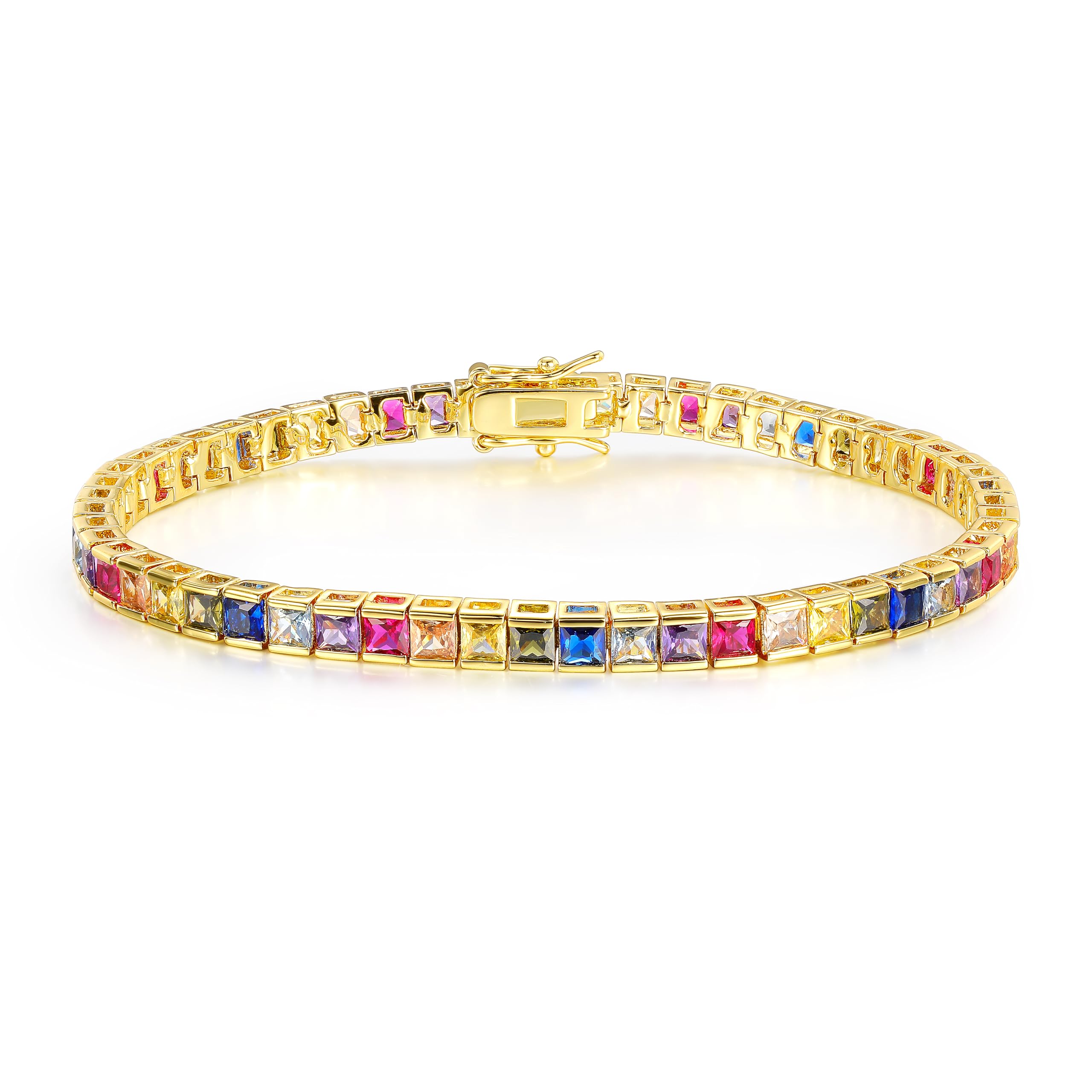 Gemsme 3 * 3mm Rainbow Square Tennis Bracelet, 3.0mm Thin 18K White/Yellow Gold Plated Square Colorful Cubic Zirconia Tennis Bracelet for Women