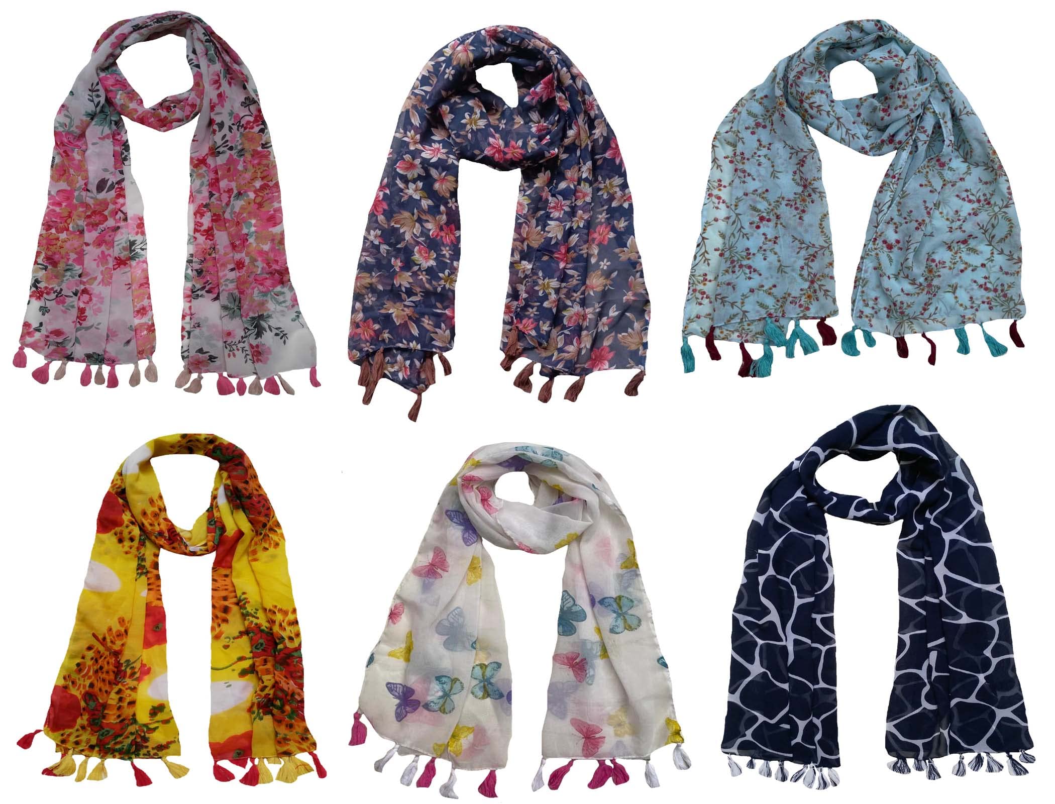 Letz Dezine ™ Women's Printed Chiffon Multicolored Scarf and Stoles - Set of 6 (L03)