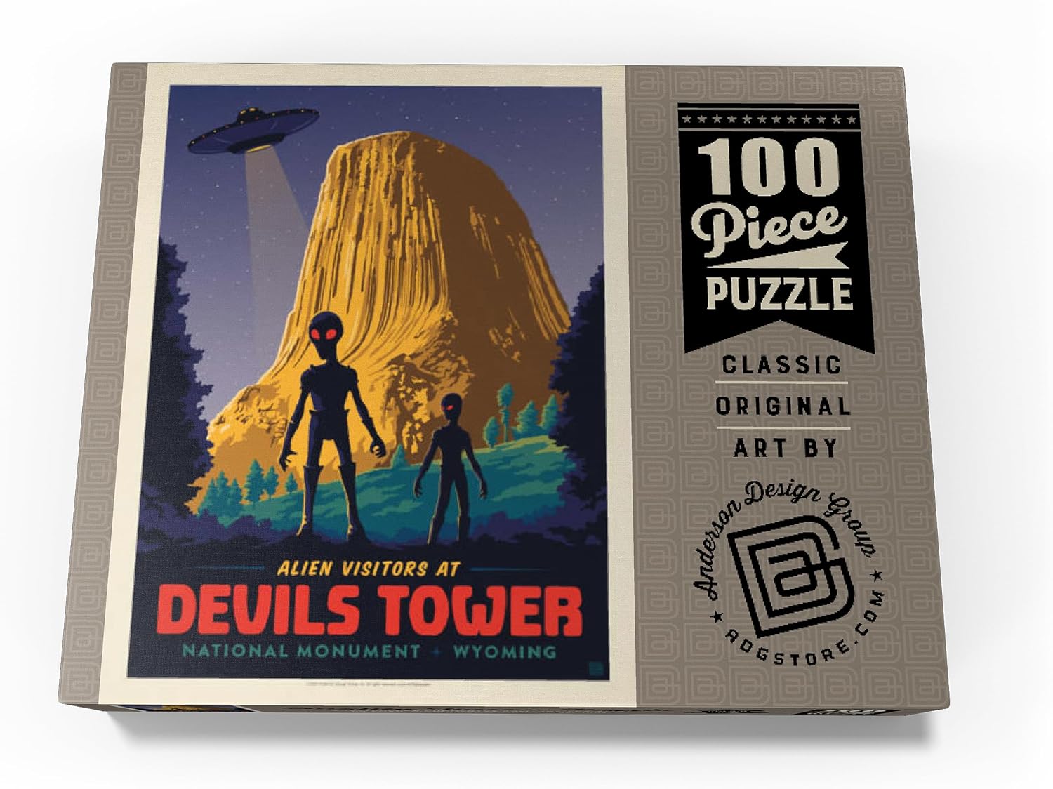 MyPuzzle Devils Tower, WY: Alien Visitation, Vintage Poster - Premium 100 Piece Jigsaw Puzzle for Adults