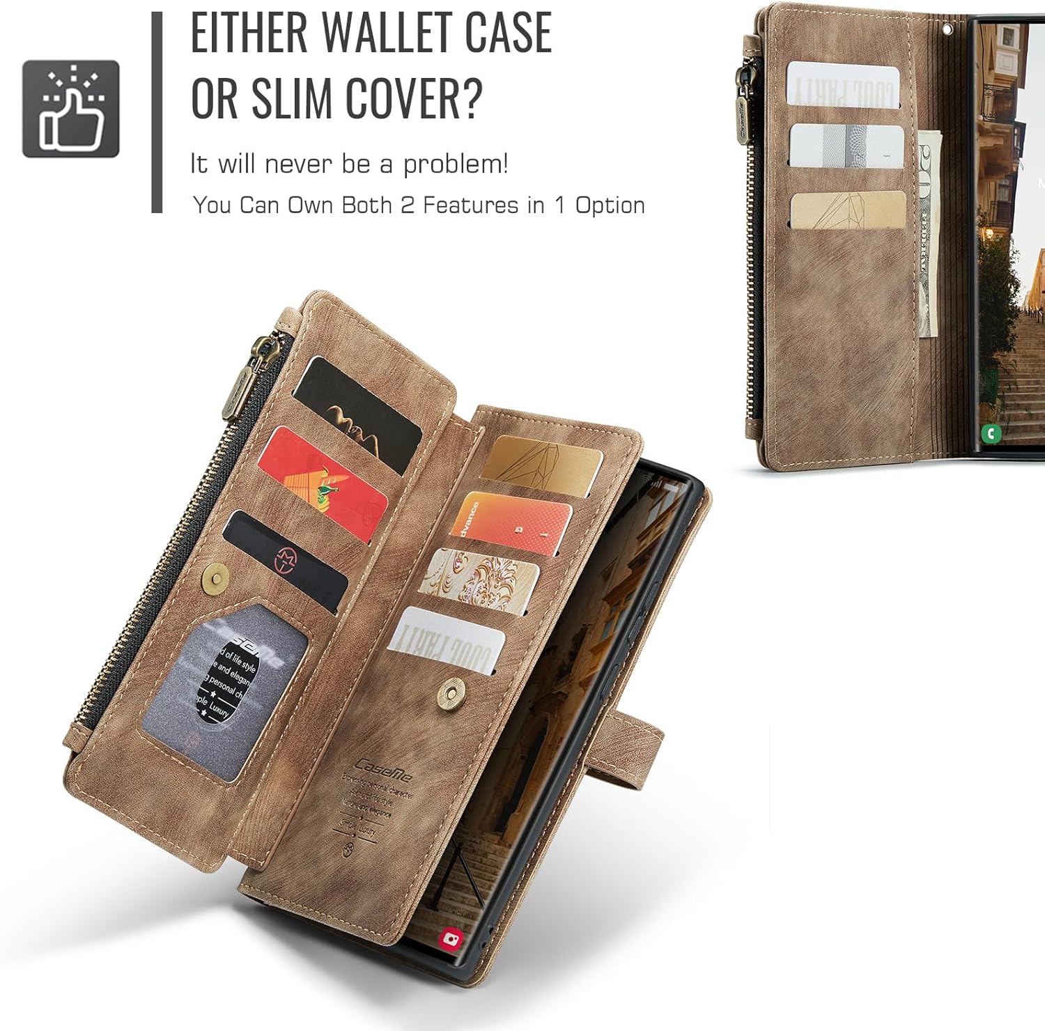 Wallet Case Compatibility with Samsung Galaxy S25 Ultra with Card Holder Kickstand Magnetic Zipper Pocket Lanyard Strap Wristlet,Leather Flip Case Wallet for Galaxy S25 Ultra 6.9 Inch (Brown) - Image 4