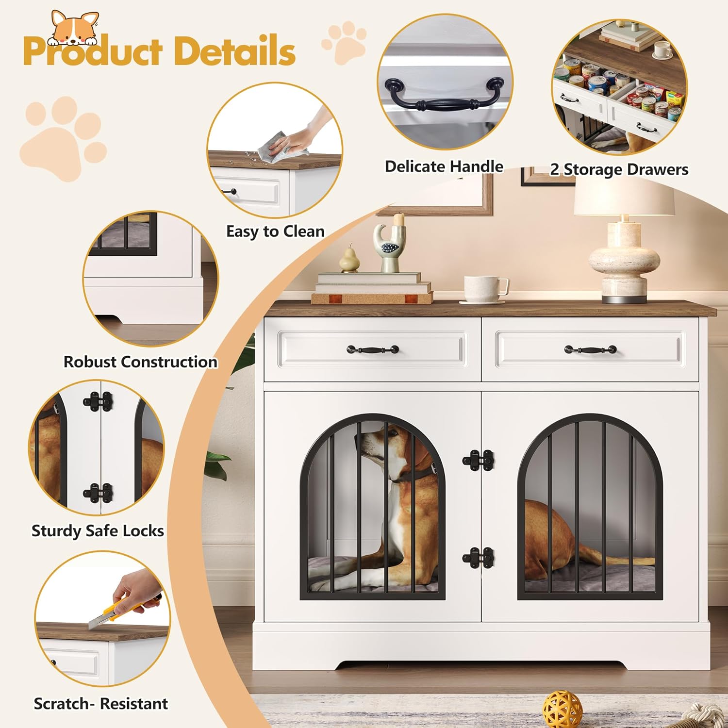 Merax 43.3" Dog Crate Furniture & Side Table –Indoor Wooden Dog Kennel with 2 Storage Drawers & Arched Doors –Heavy Duty Pet Cage with Side Access for Medium/Large Dogs (Up to 100 lbs), White & Brown
