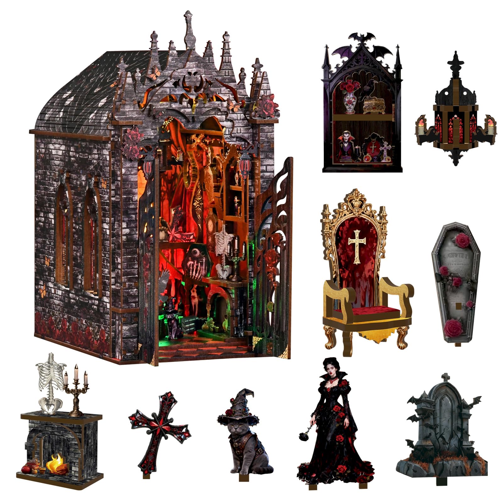 BATTREVO DIY book nook kit-Aastle oscuro-Buchstütze Aus Holz und 3D-Puzzle mit LED-Licht, bastelset erwachsene，book nook kit