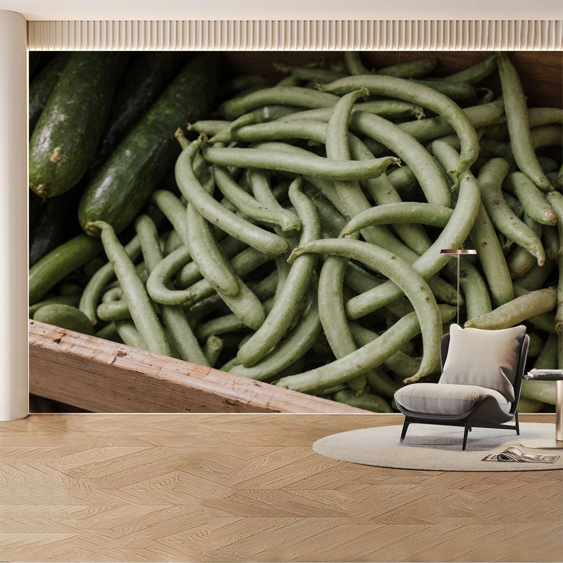 Custom Wall Mural Wallpaper Green Beans and Cucumbers Nature Landscape 3D Effect Wall Decor Farmhouse Rustic Style Removable SelfAdhesive Large Photo for Living Room， Bedroom， Office