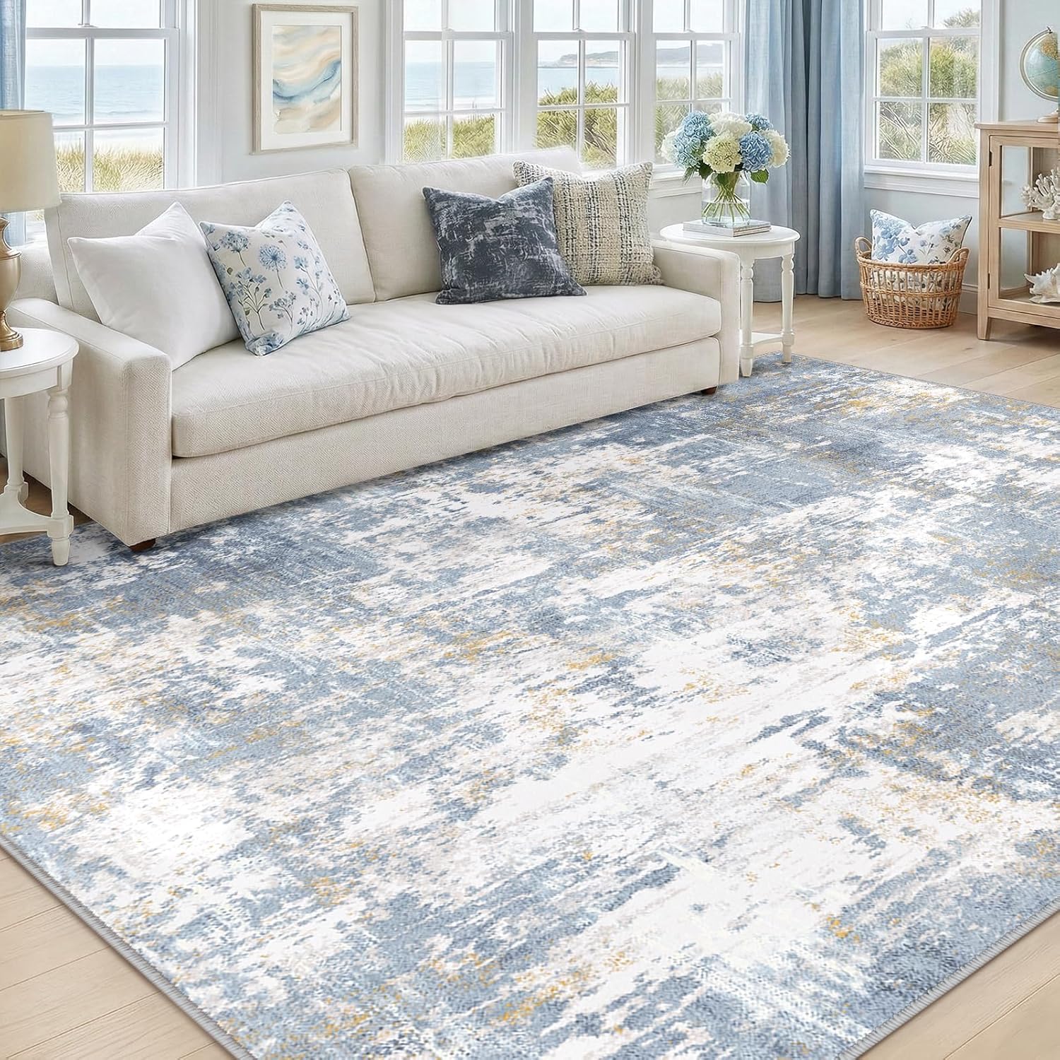 Tappeto Decorazioni interni Grande Salotto Soggiorno, Lavabile,Personalizzato,astratta moderna blu, bianca e gialla, 200 x 290 cm