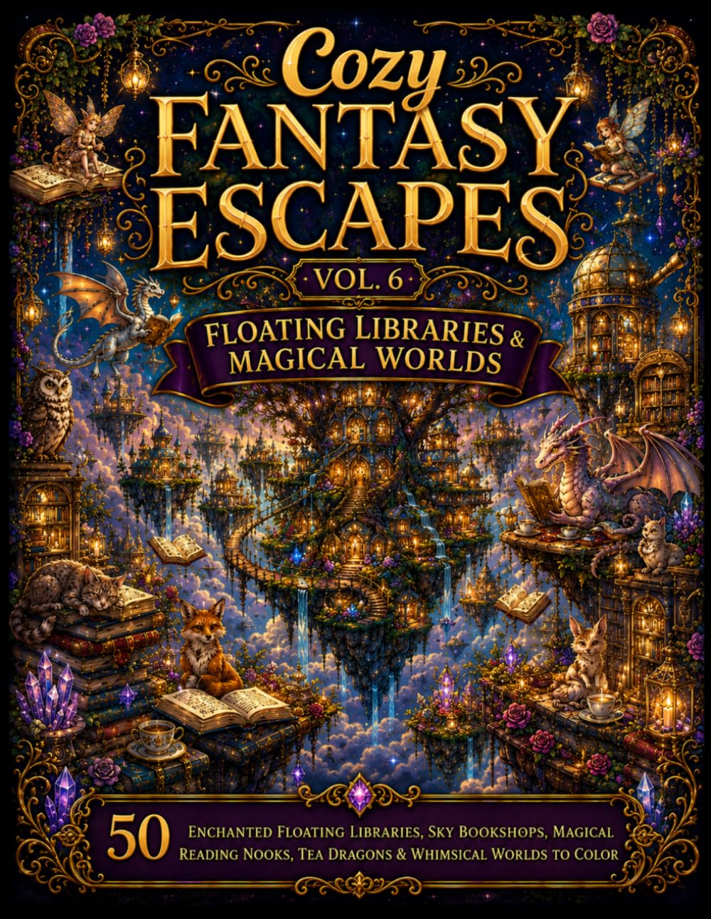 Cozy Fantasy Escapes Vol. 6 – Floating Libraries & Magical Worlds: 50 Enchanted Floating Libraries, Sky Bookshops, Magical Reading Nooks, Tea Dragons & Whimsical Worlds to Color