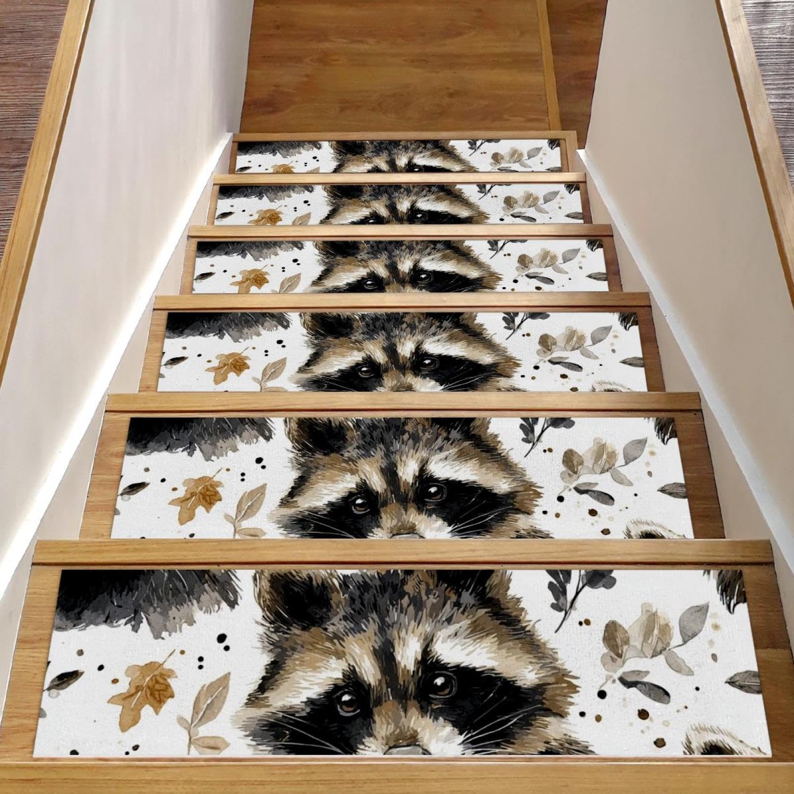 Tapis d'escalier antidérapant résistant et réutilisable motif raton laveur
