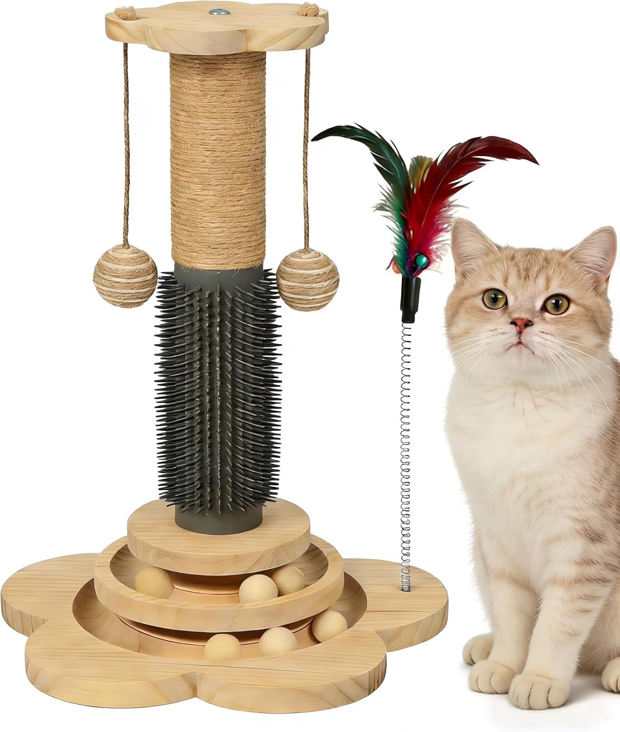 Wooden Cat Scratching Post, 4 in 1 Cat Scratcher Kitten Toys for Indoor Cats, 17.7" Tall Sisal Post with Two-Laye Wooden Ball Track, Ideal for Small Medium Cat