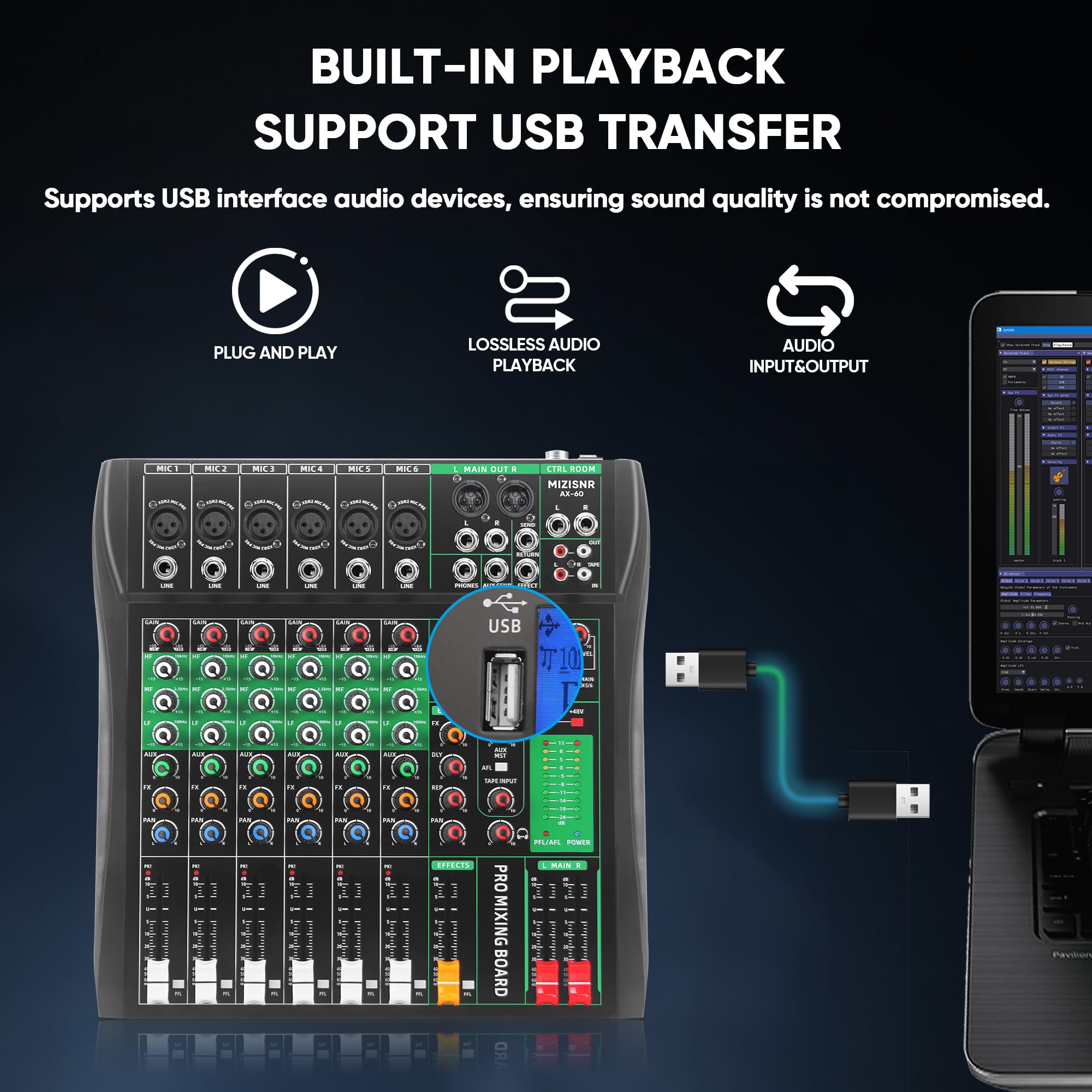 6 Channel Audio Mixer, Professional DJ Mixer Board Sound Music Mixing Console Digital Mixer with Reverb, Bluetooth, USB Port, 48V Phantom Power for Recording Karaoke Podcasting