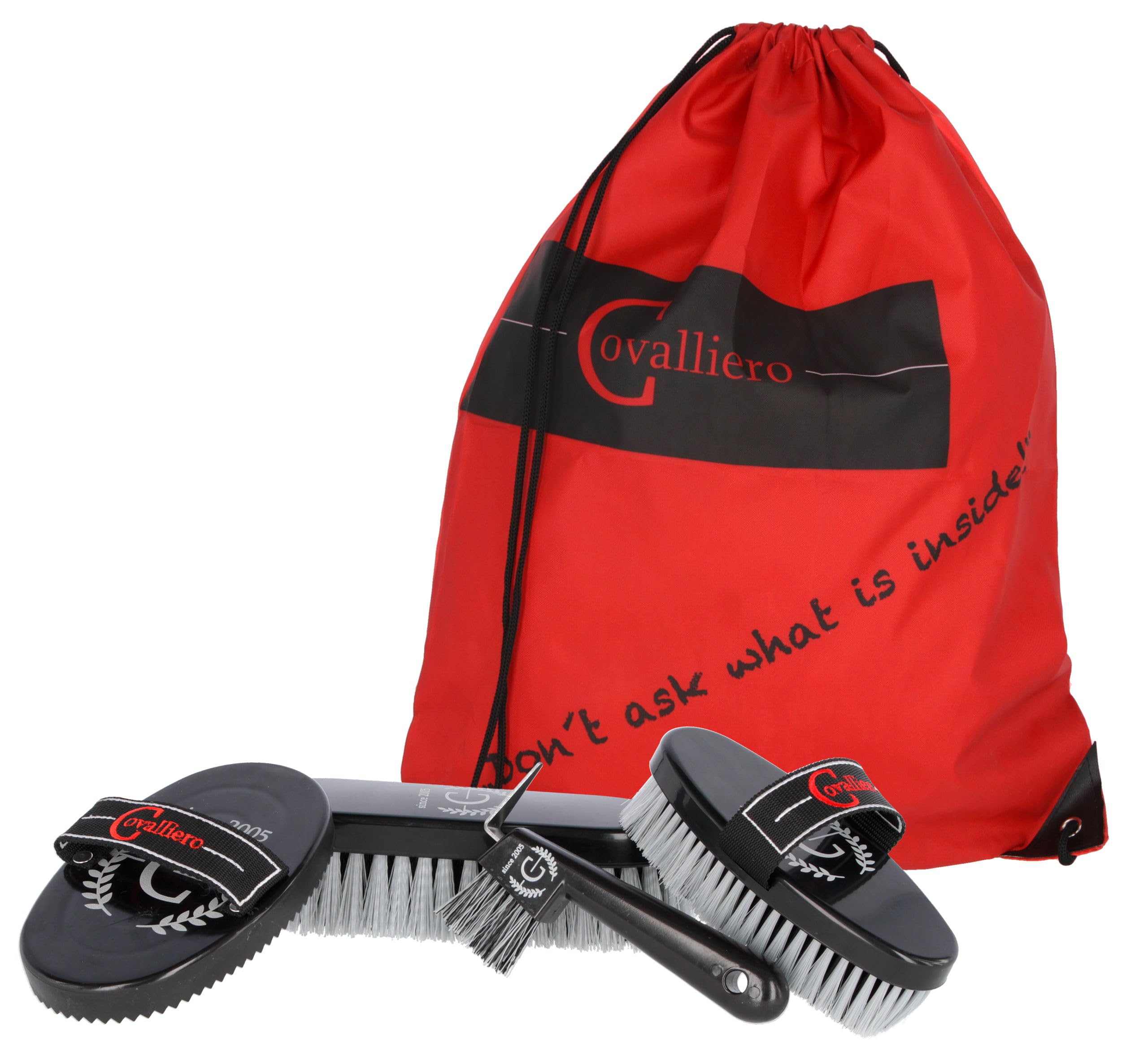 Covalliero Bolsa de aseo, bolsa para el cuidado del caballo, rellena, roja, 45x40 cm, poliéster, incluye utensilios para la limpieza del pelaje