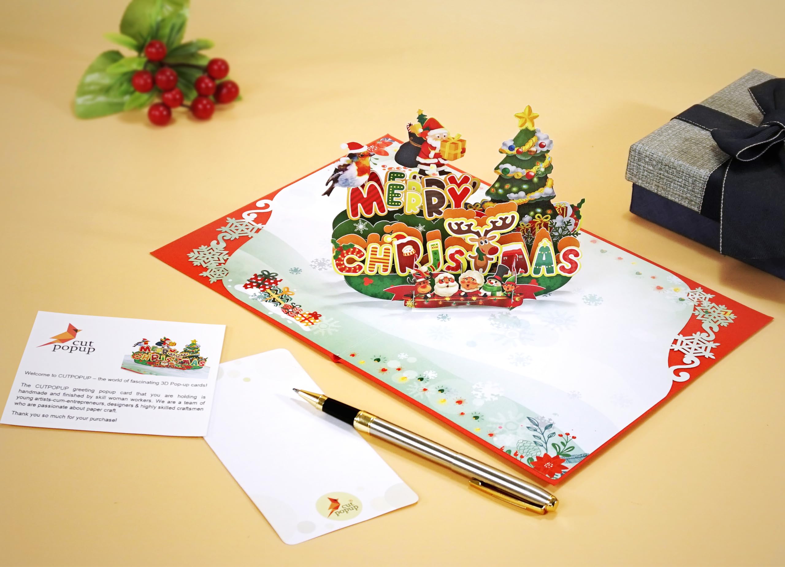 CUTPOPUP Robin Bird Merry Christmas Cards 2025, Pop Up Christmas Cards w Envelope, 3D Xmas Card - Image 3
