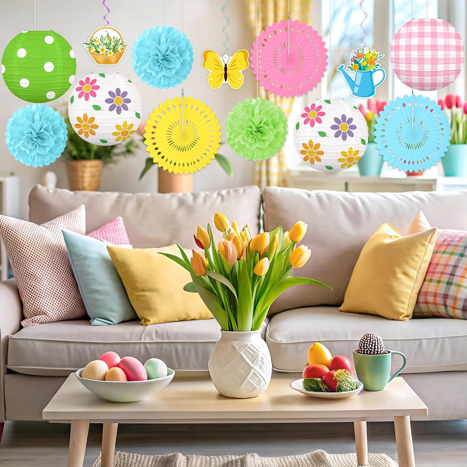 13PCS Spring Decor Paper Lanterns Fans Pom Poms Hanging Swirls Spring Party Hanging Decorations for Home Office Classroom Birthday Outdoor Indoor