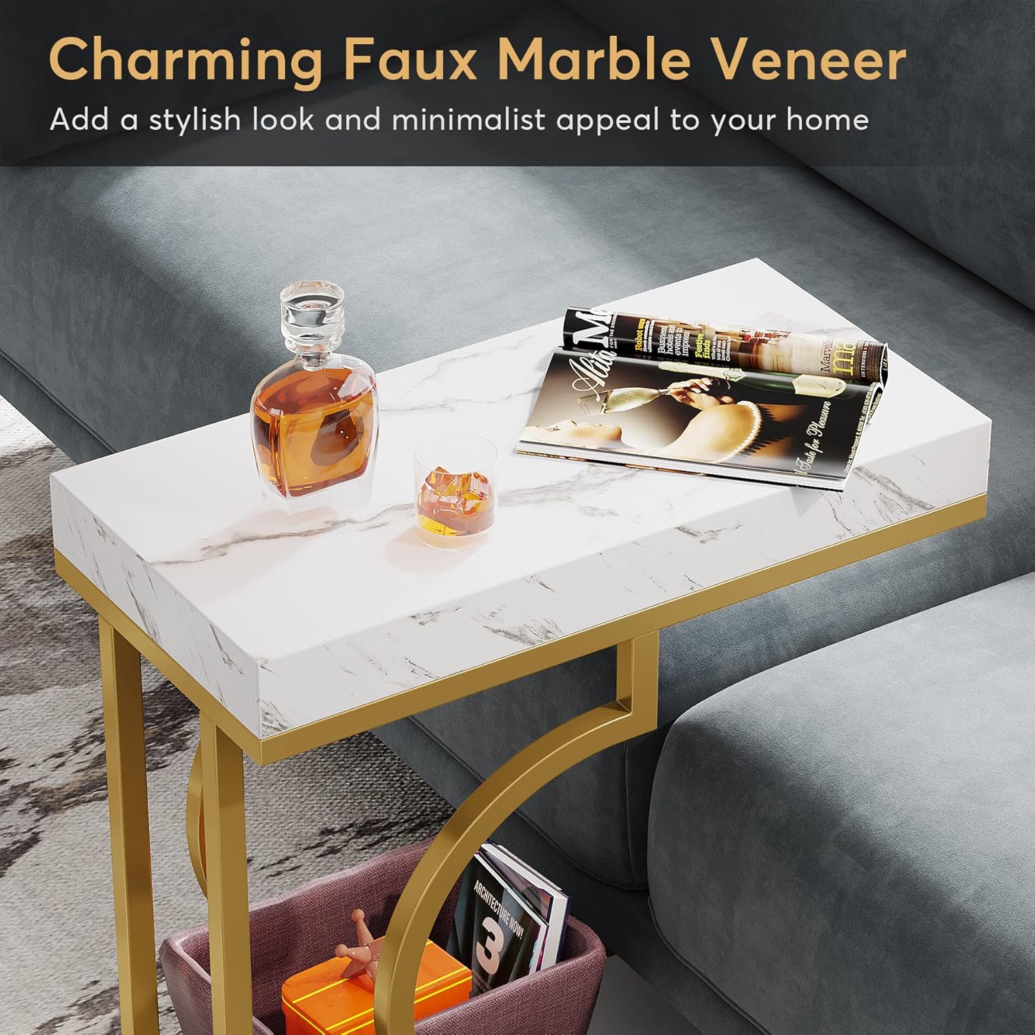 LITTLE TREE Narrow Side Table C Shaped End Table Modern Bedside Table Small Rectangle Side Table for Couch, Sofa Table with Metal Frame for Living Room, Faux Marble White Gold