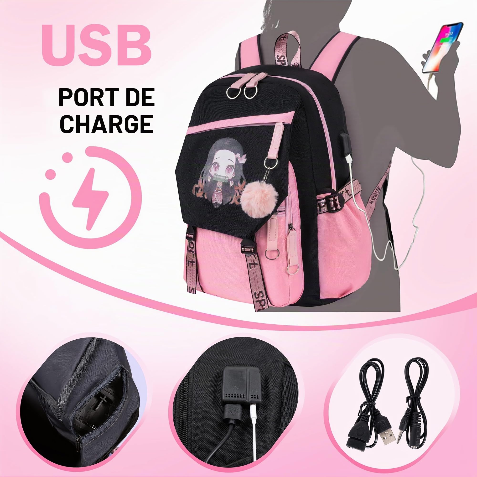 Roffatide Sac à dos Anime School pour filles et garçons avec port de recharge USB et port pour écouteurs