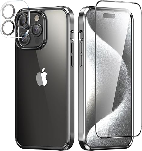 Miniatura 10 de Foluu Funda ultrafina para iPhone 15 Pro Max 2023 con protector de pantalla de vidrio templado y protector de lente de cámara, chapado duro de