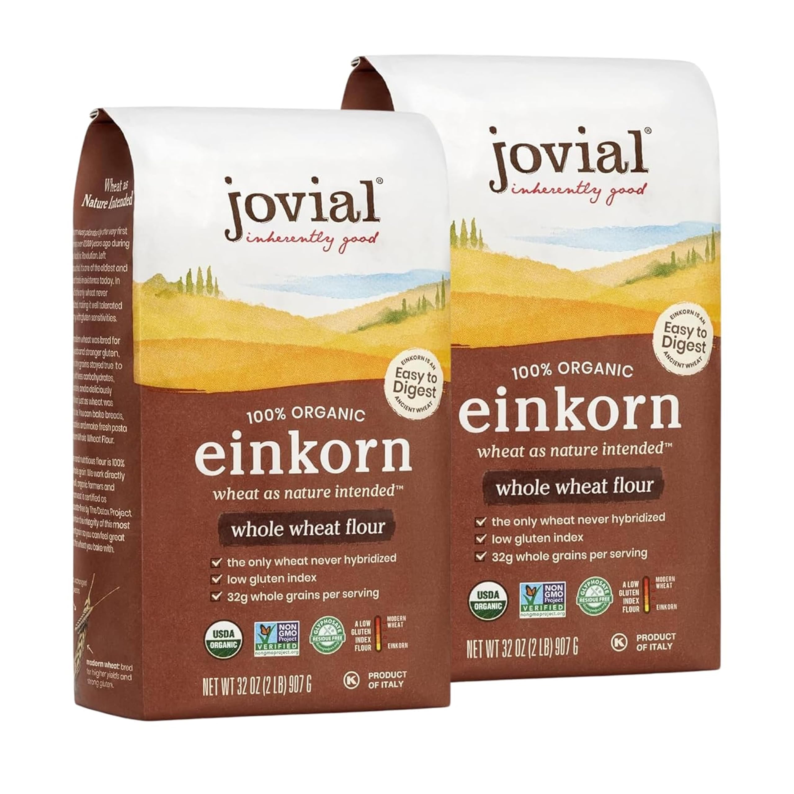 Jovial Organic Einkorn Whole Wheat Flour - Bread Baking Flour for Sourdough, High Protein, Non-GMO, For Organic Pizza & Pasta, European Italian Made, Glyphosate Free - 32 Oz, 2 Pack