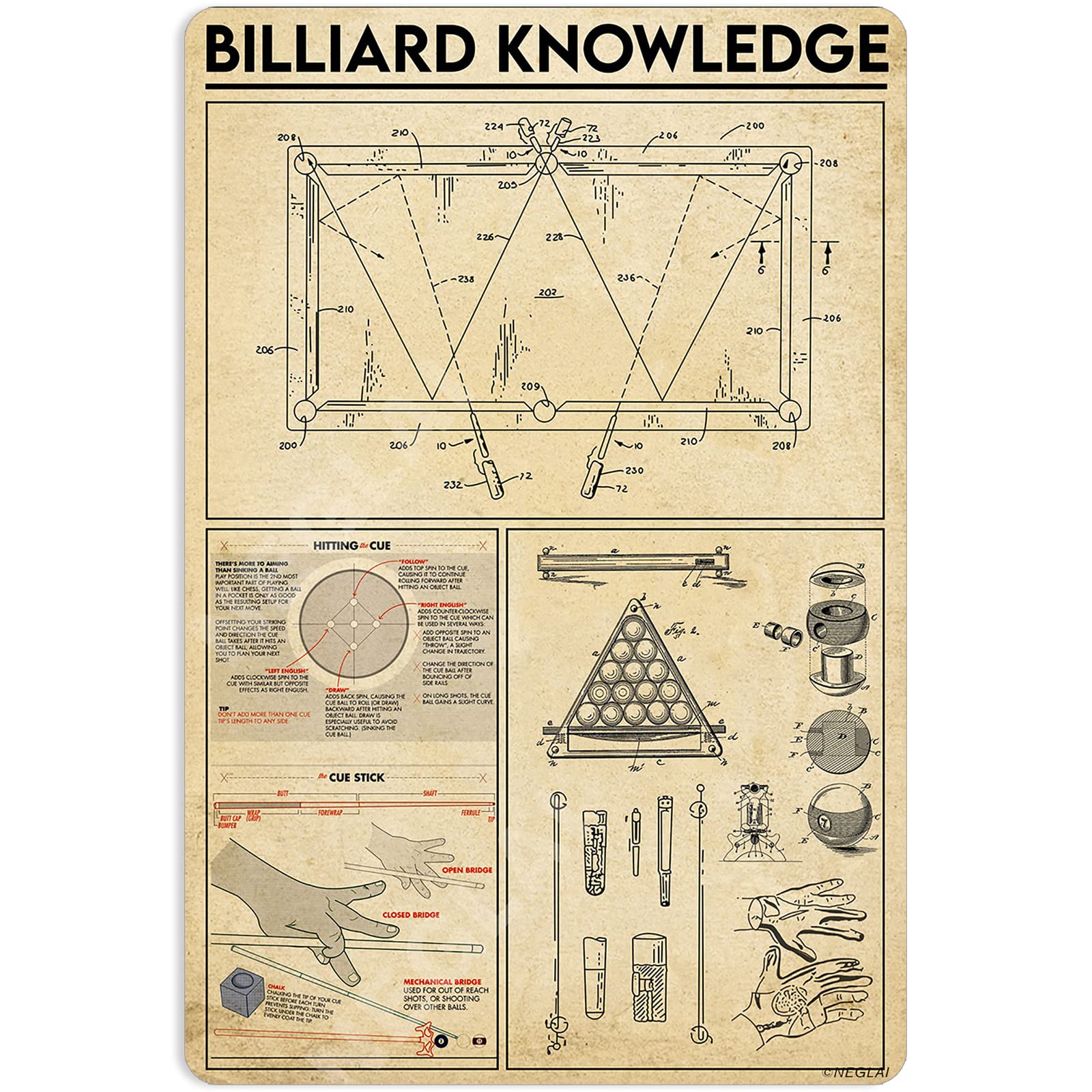 peiyeety Billiard Room Decor, Billiard Knowledge Metal Signs, Pool Game Bar Man Cave Wall Decorations, Gifts for Men 8x12 Inches