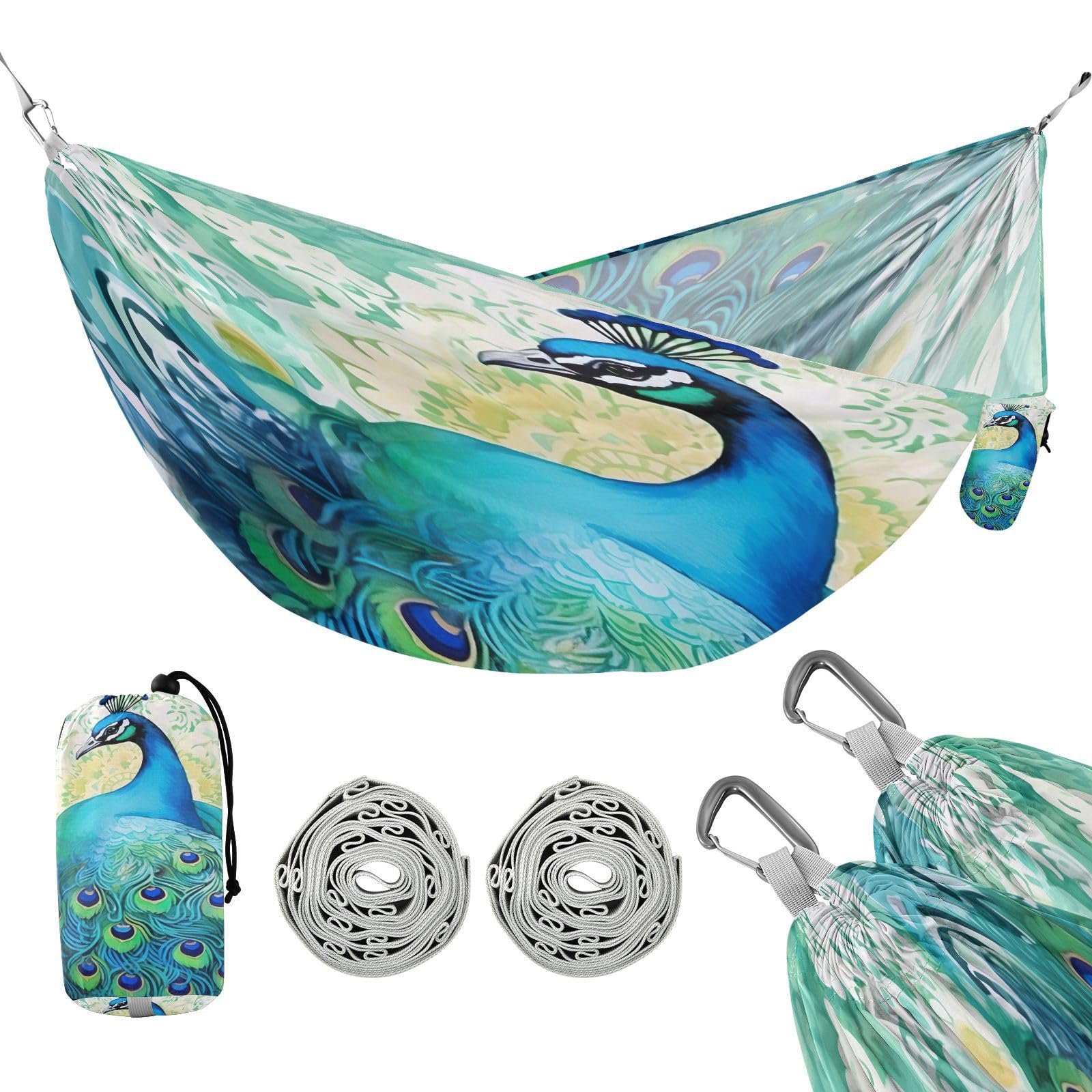 SDMKA Colorful Peacock Camping Hammock, 330 lbs with 2 Tree Straps, Carry Bag, Single Portable Hammock for Outdoor/Indoor, Hiking, Beach, Backpacking, Travel