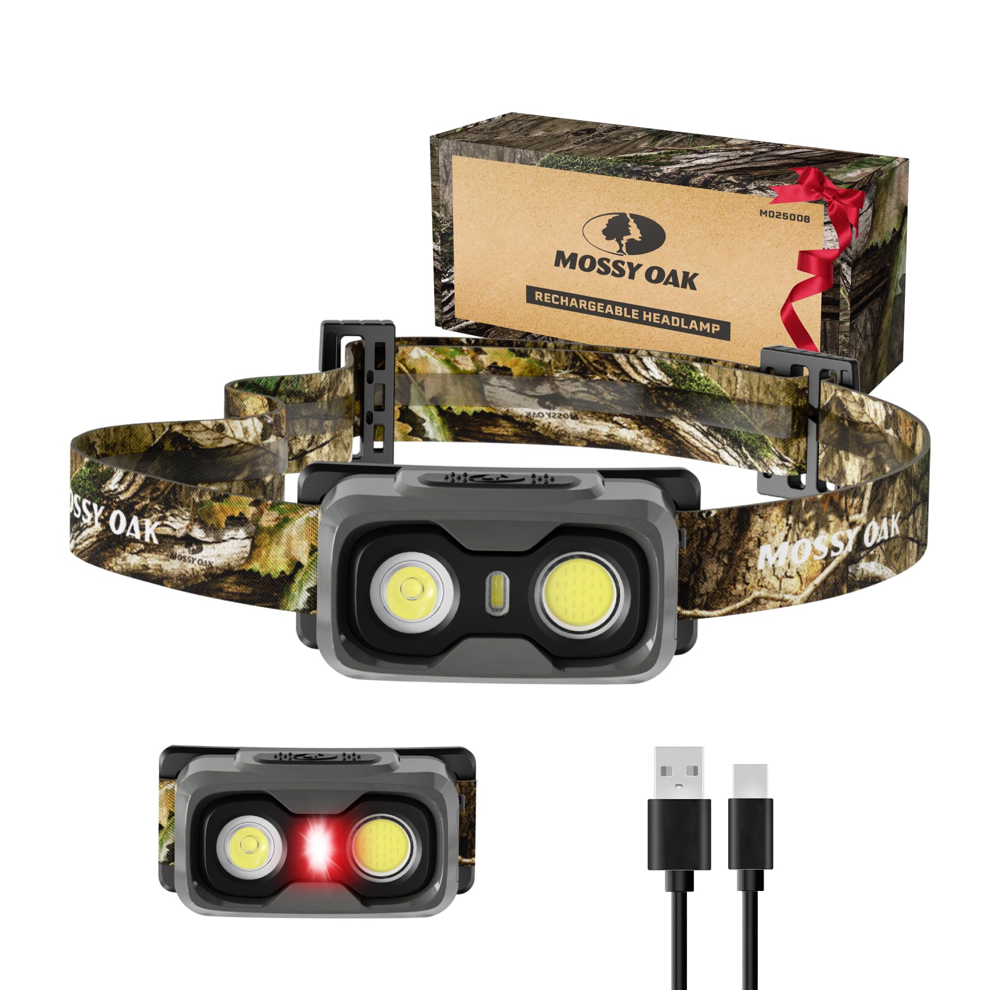 mossy oak 600 lumens rechargeable headlamp, lightweight led headlight with white & red light, waterproof head lamp with non-slip band, dimmable & memory function for camping, running, hiking, outdoors